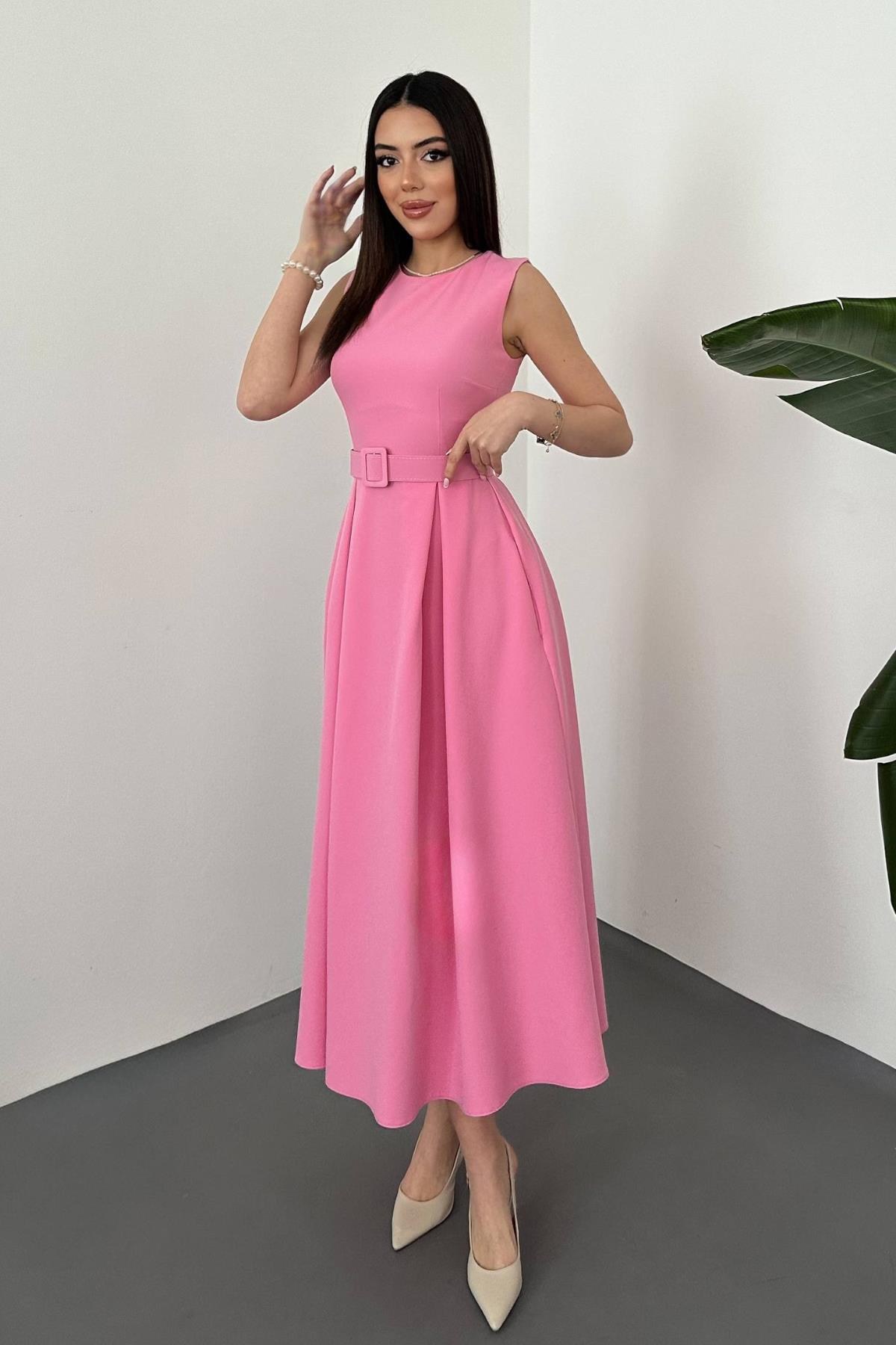 Pembe Halter Yaka Kloş Elbise - PEMBE 3