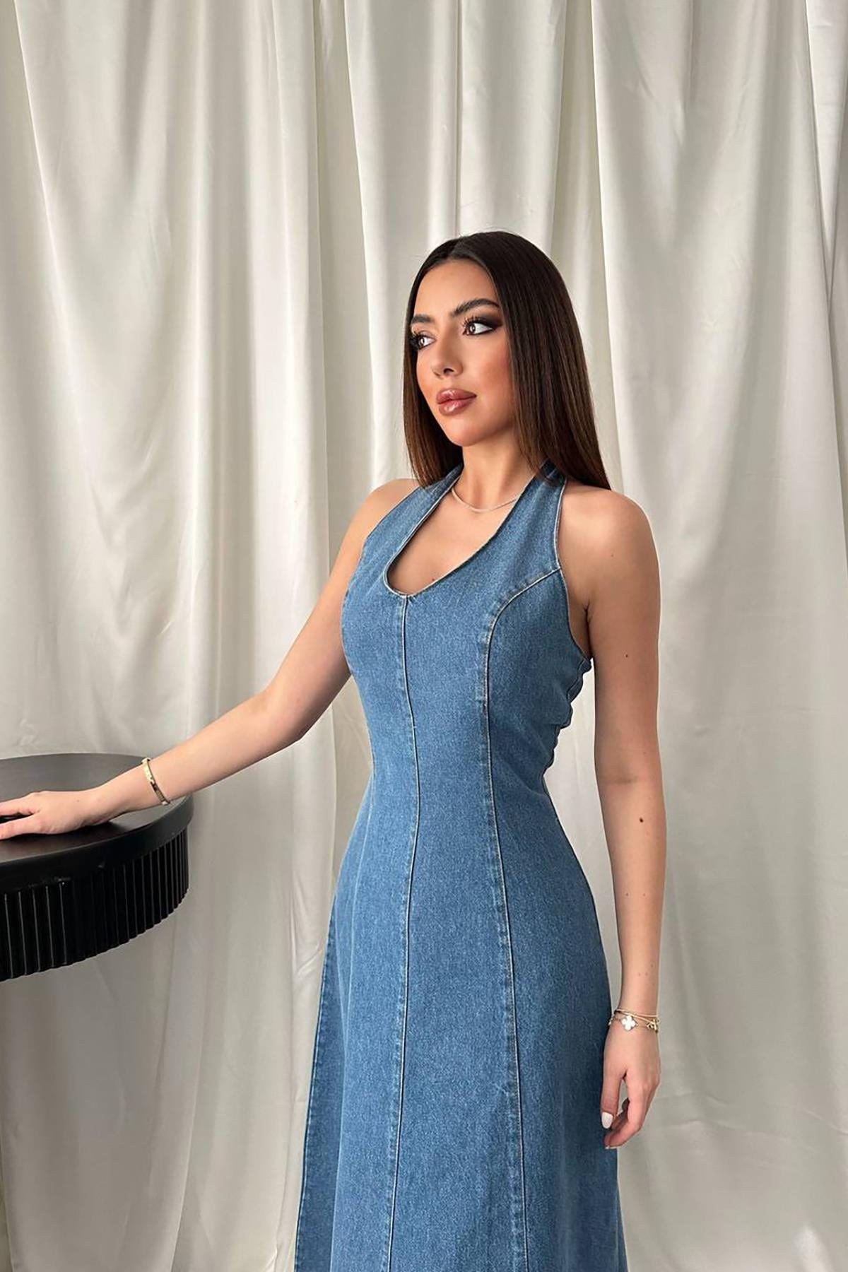 Mavi Halter Yaka Jean Elbise - Mavi 3
