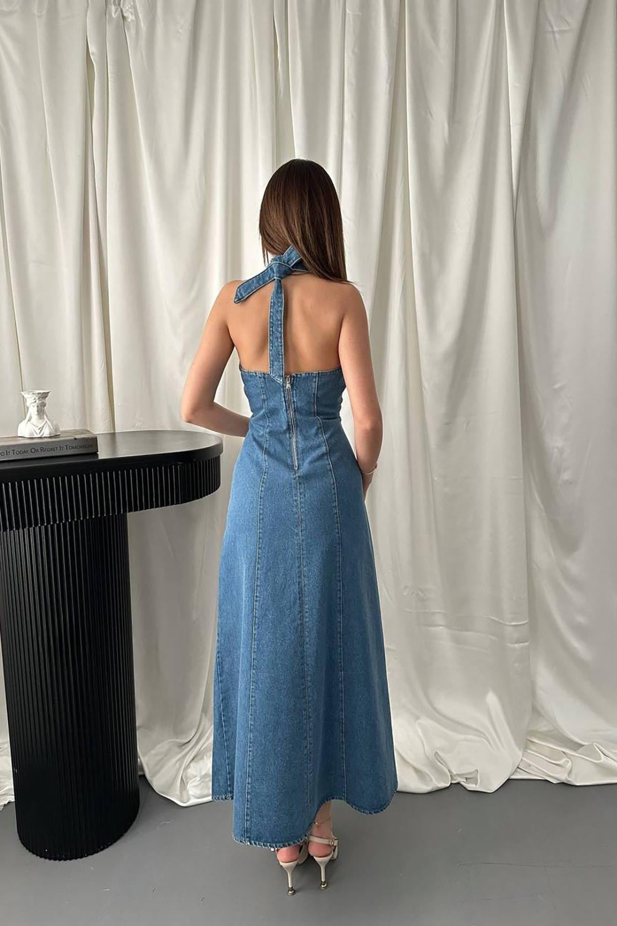 Mavi Halter Yaka Jean Elbise - Mavi 5