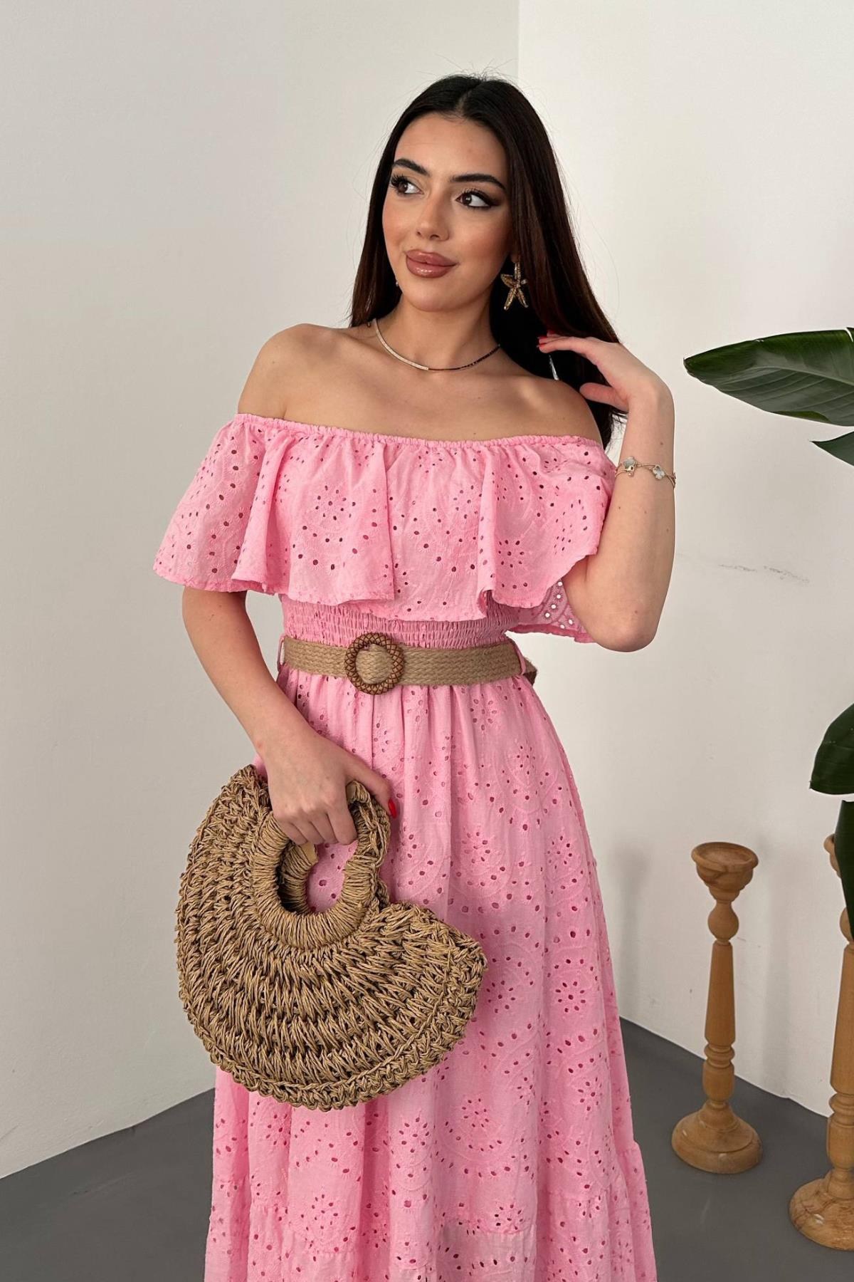 Pembe Madonna Yaka Fisto Elbise - Pembe 3