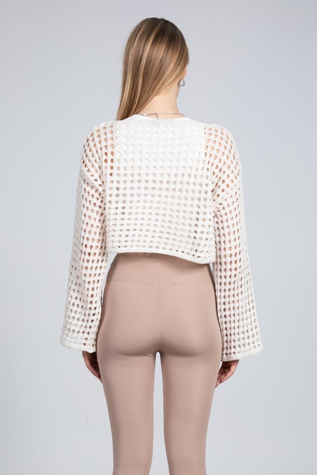 Ekru Ajurlu Crop Bluz - Ekru 5