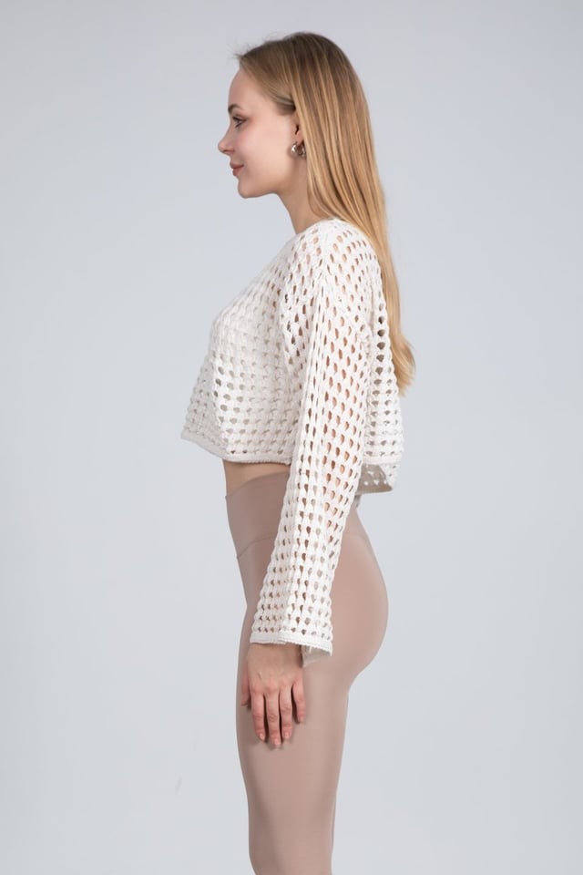 Ekru Ajurlu Crop Bluz - Ekru 4