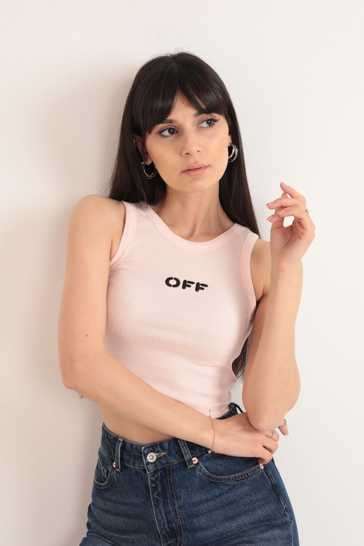 OFF Nakış Detaylı Fitilli Crop Bluz – Pudra - Pembe 4