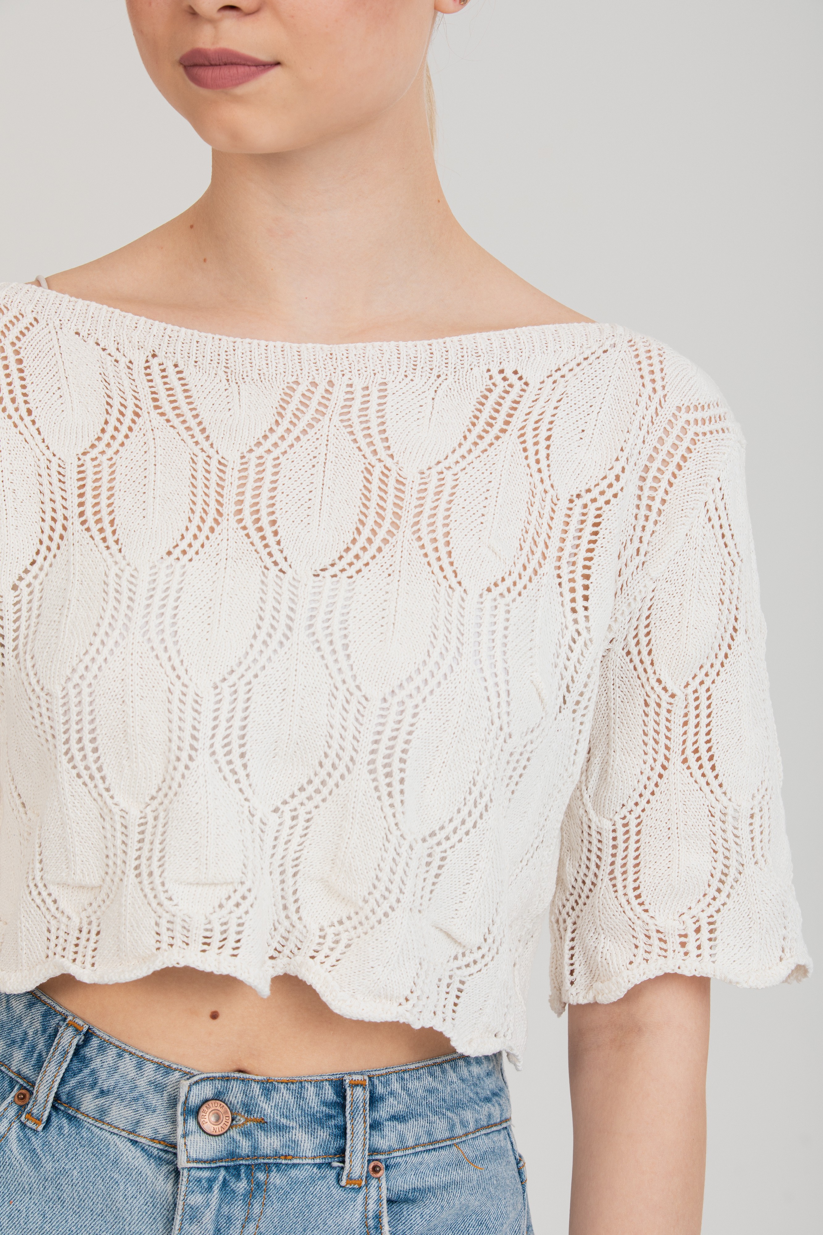 Zarif Ajurlu Dokulu Beyaz Crop Triko Bluz – Standart Beden - Beyaz 8