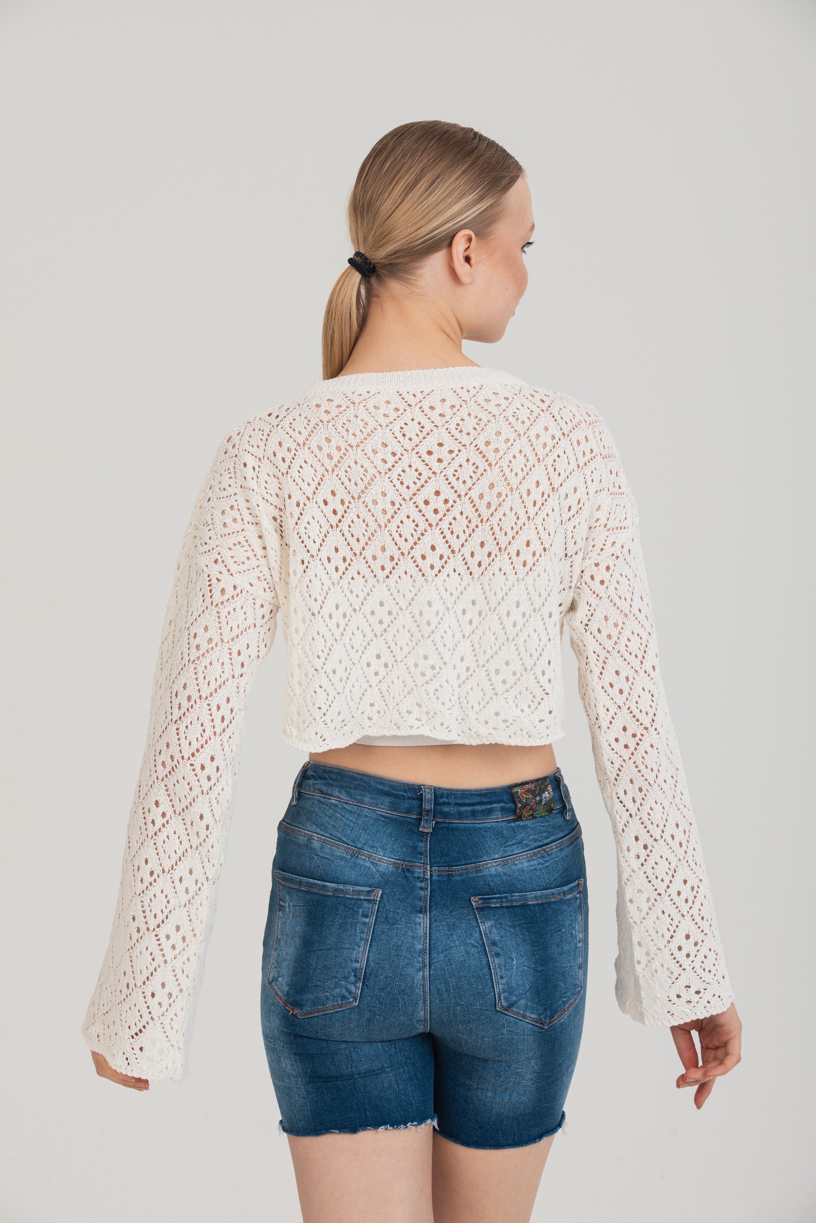 Feminen Ajurlu Dokulu Beyaz Crop Bluz | Standart Beden - Beyaz 5
