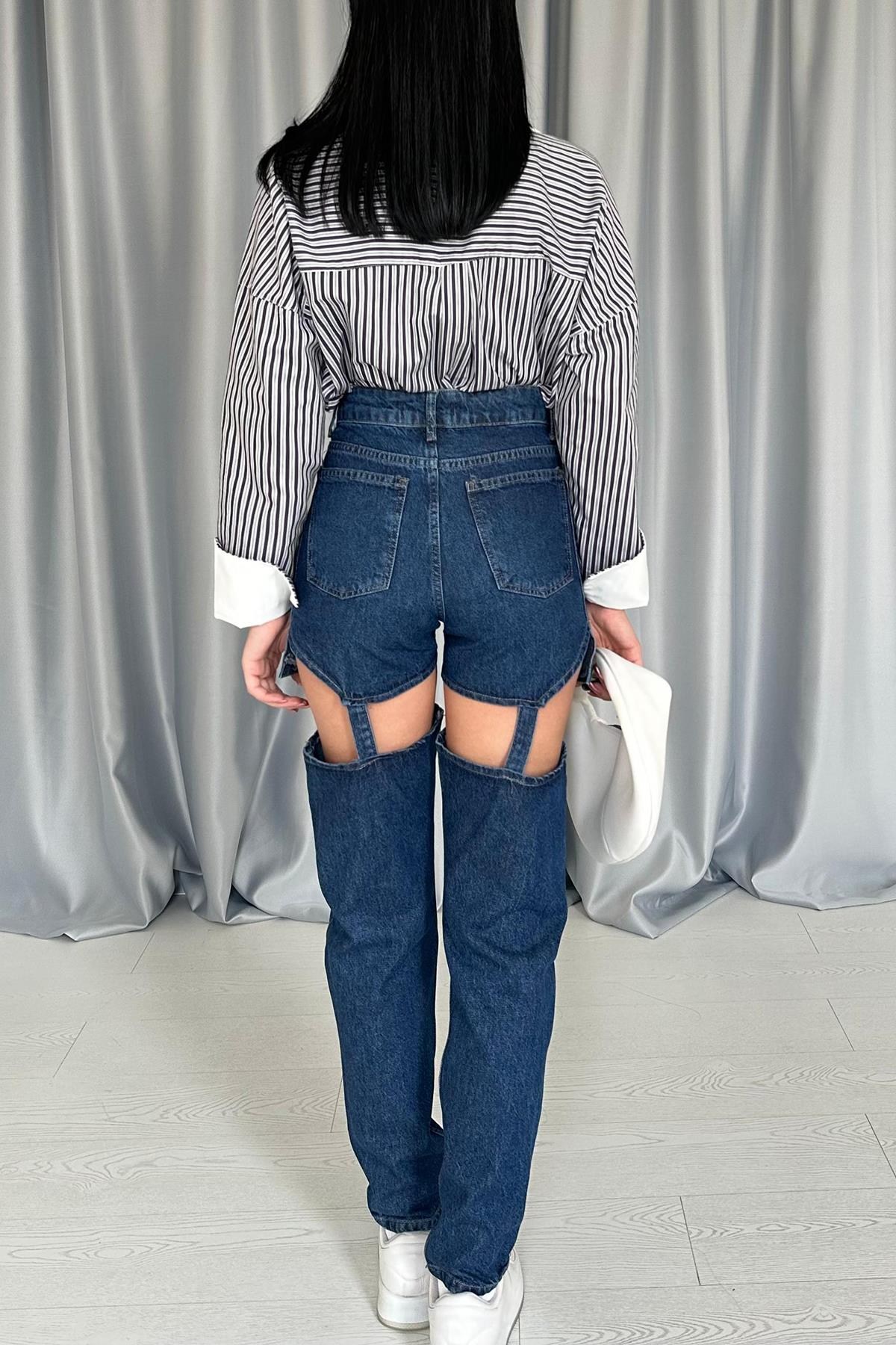 Mavi Askılı İki Parça Jeans Pantolon 4