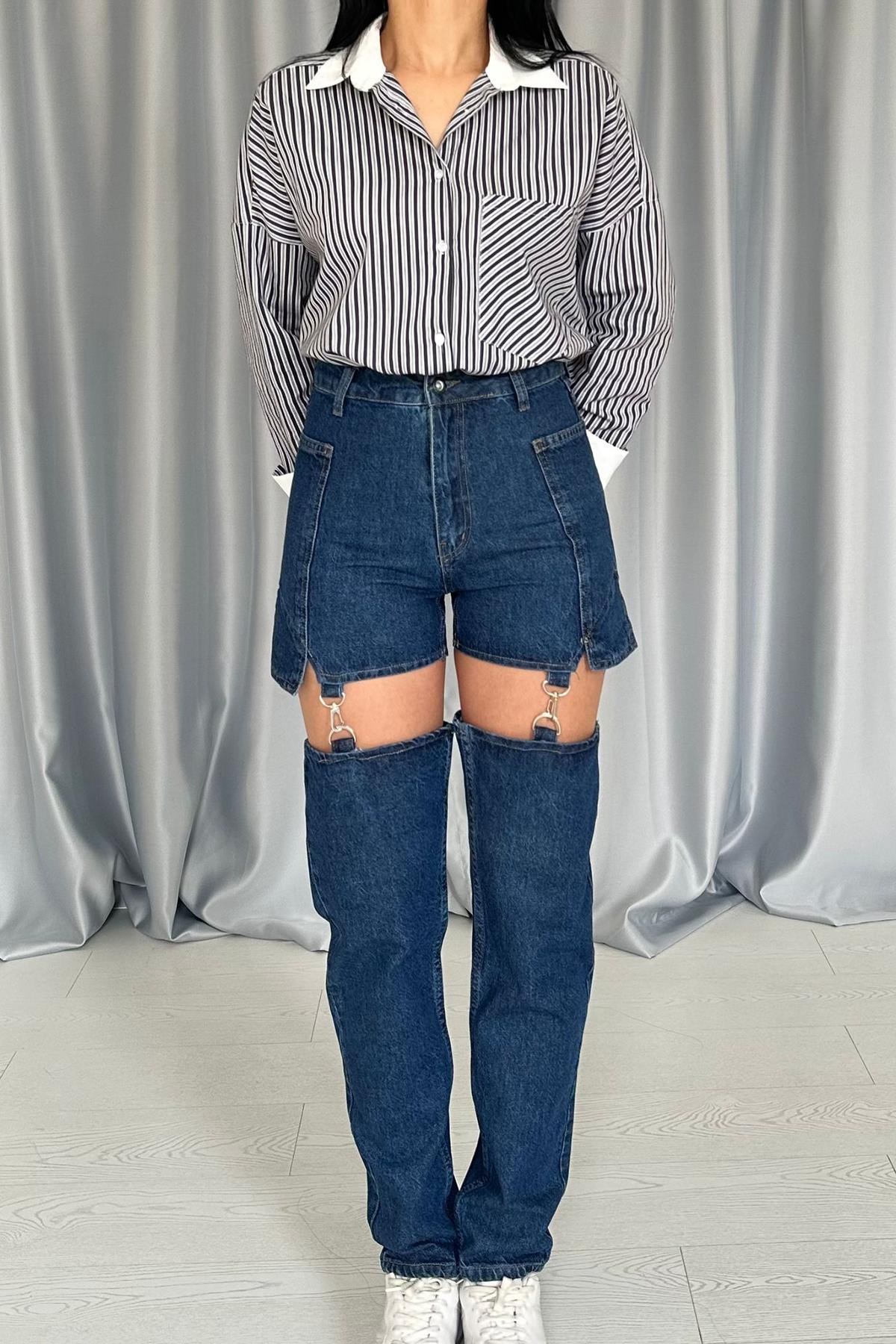 Mavi Askılı İki Parça Jeans Pantolon 3