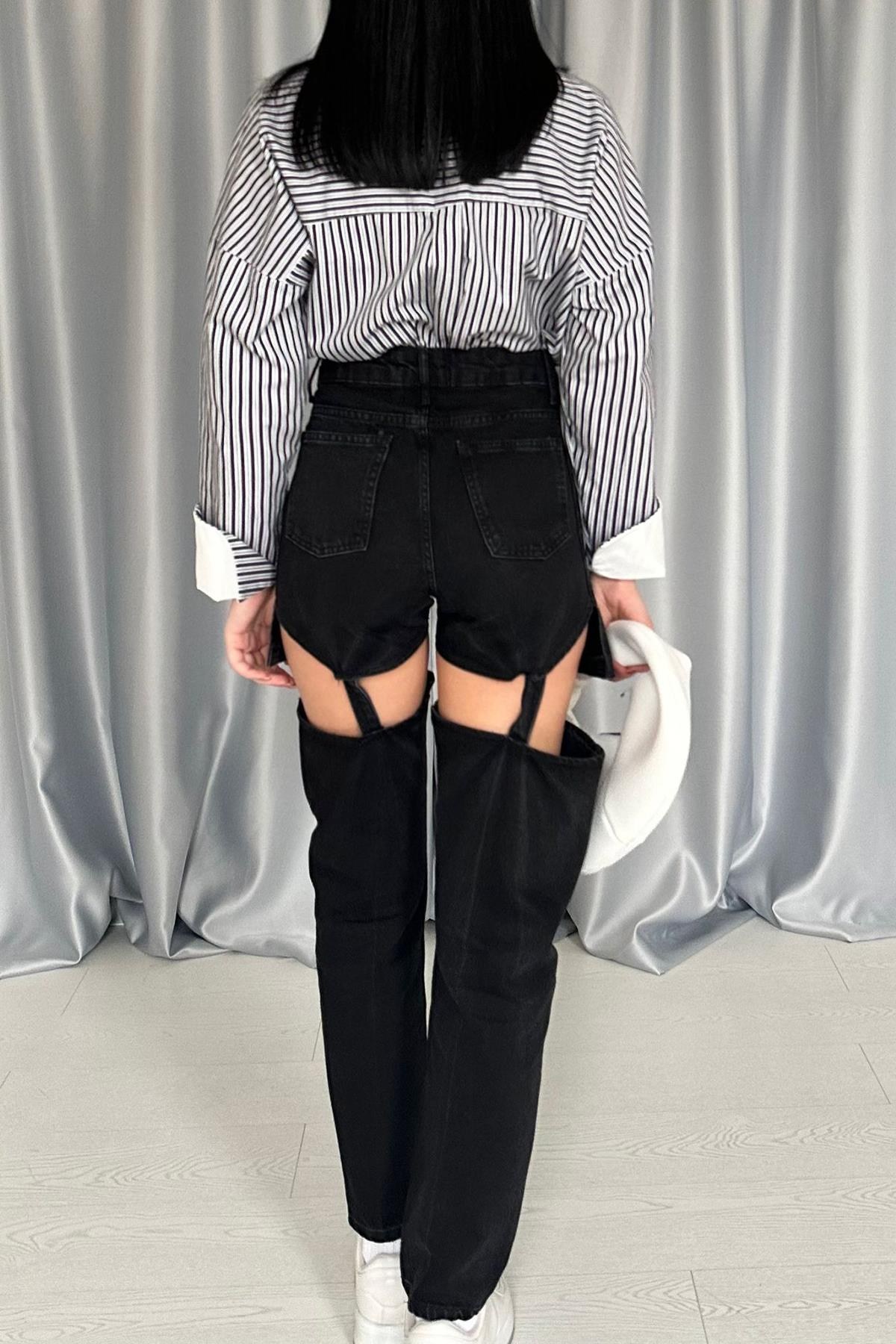 Siyah Askılı İki Parça Jeans Pantolon 4