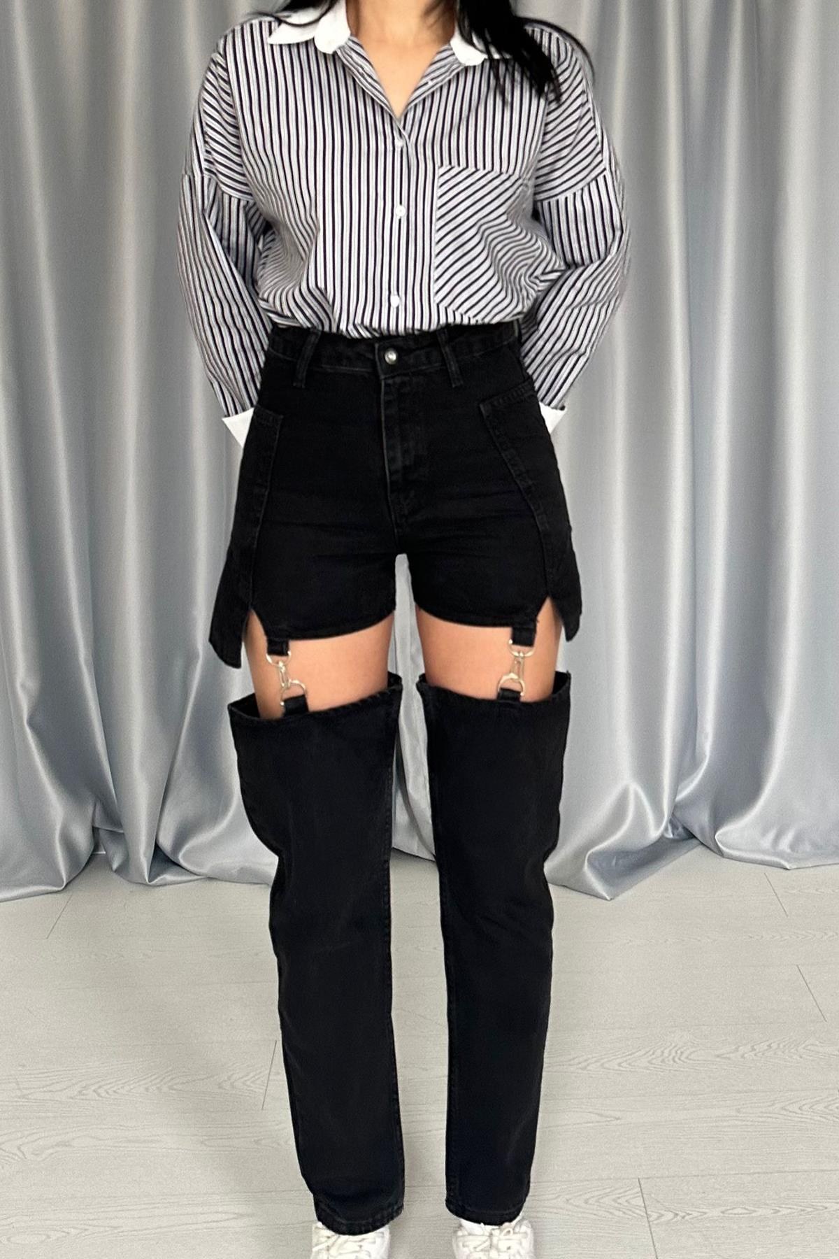 Siyah Askılı İki Parça Jeans Pantolon 3