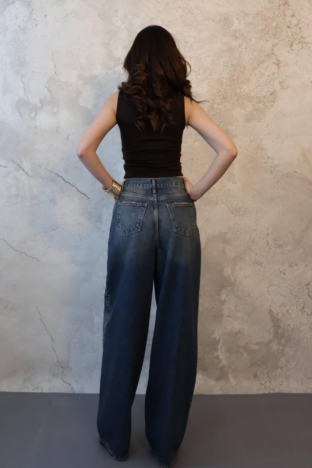 Lacivert Geniş Paça Jeans Pantolon 5