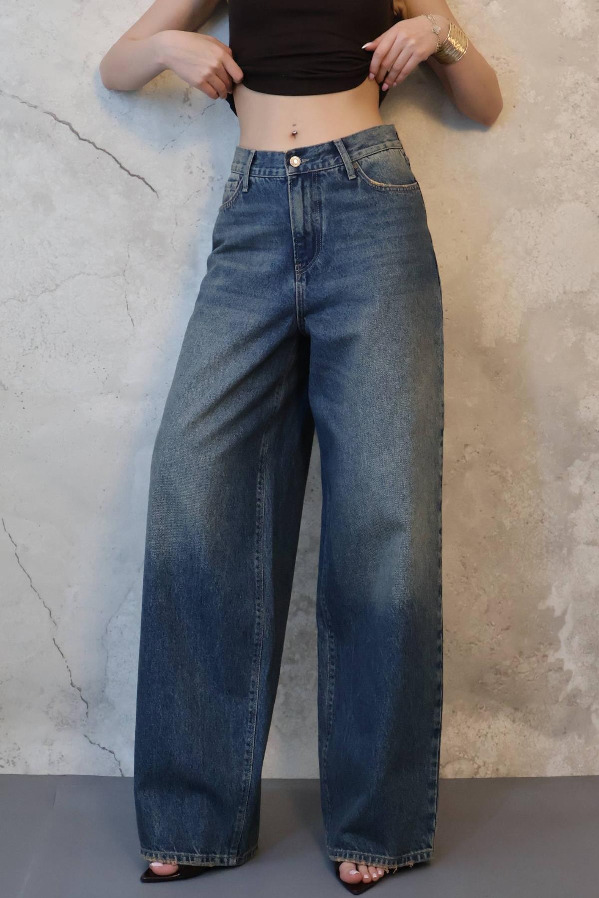 Lacivert Geniş Paça Jeans Pantolon 3