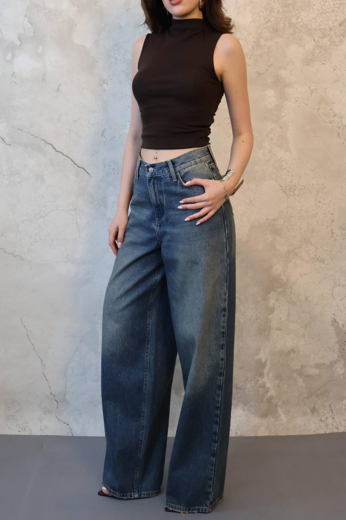 Lacivert Geniş Paça Jeans Pantolon 4