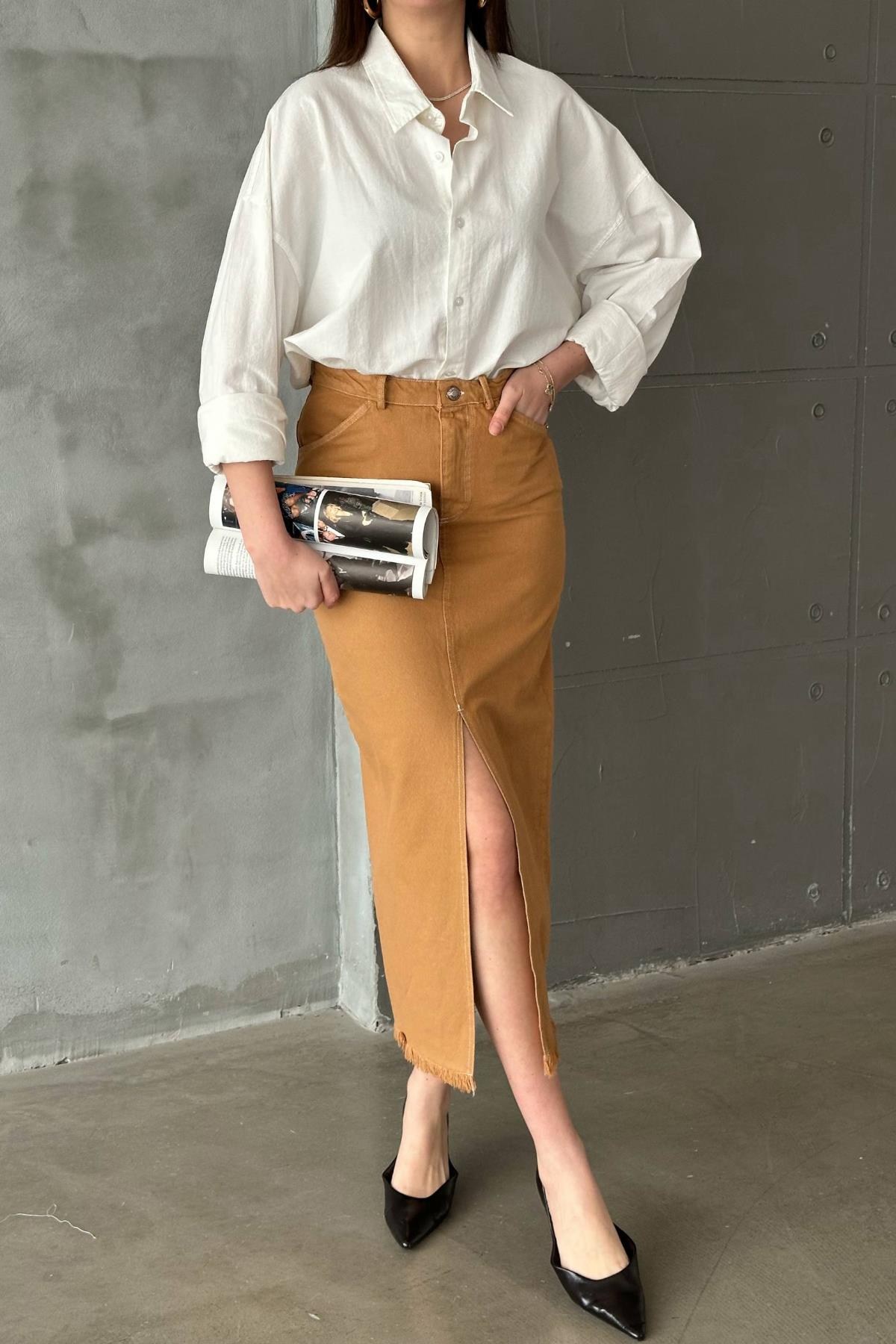 Camel Gabardin Boyamalı Püsküllü Etek 3