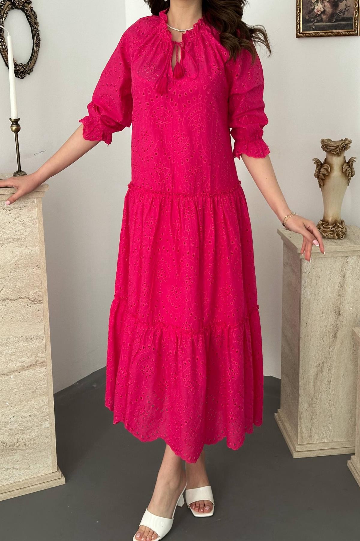 Fuşya Dantelli New Elbise 5