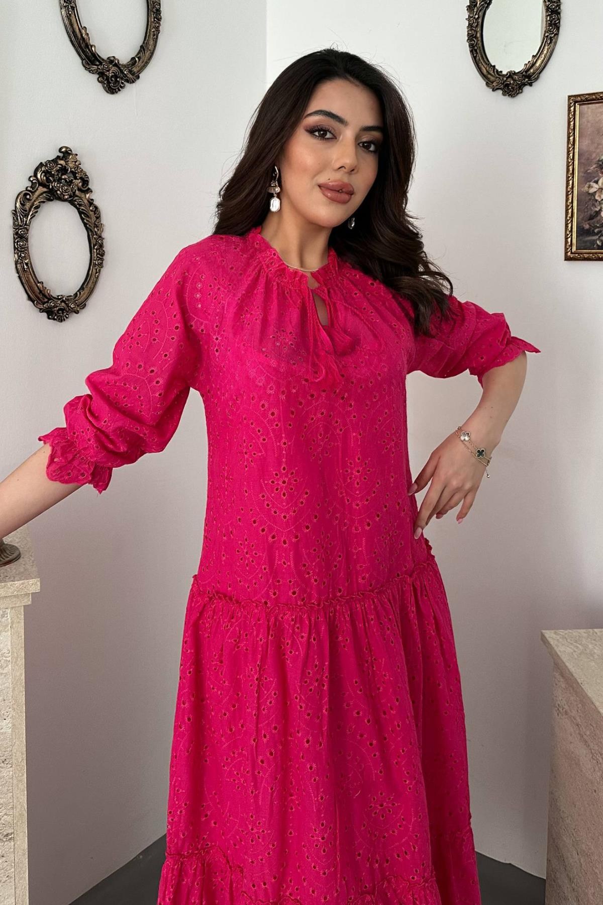 Fuşya Dantelli New Elbise 3