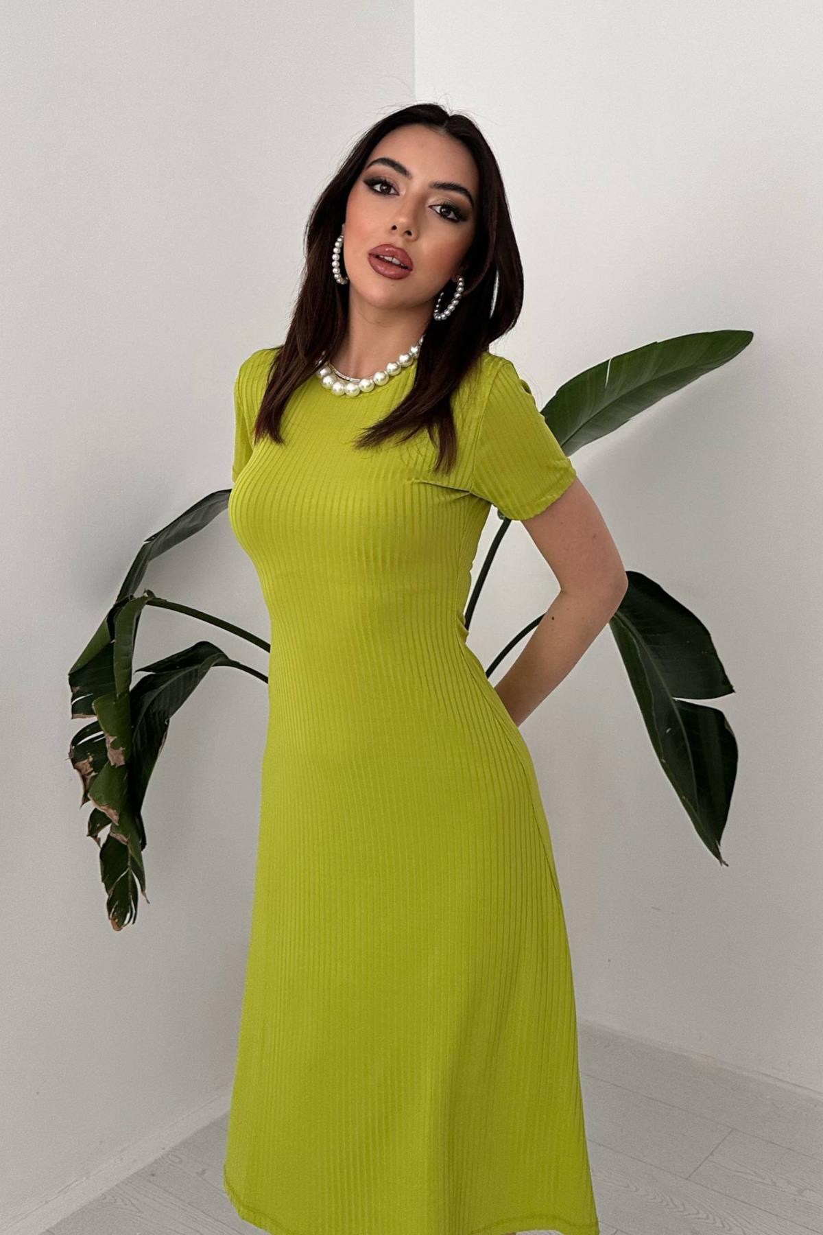 Yeşil Basic Fitilli Midi Elbise 3