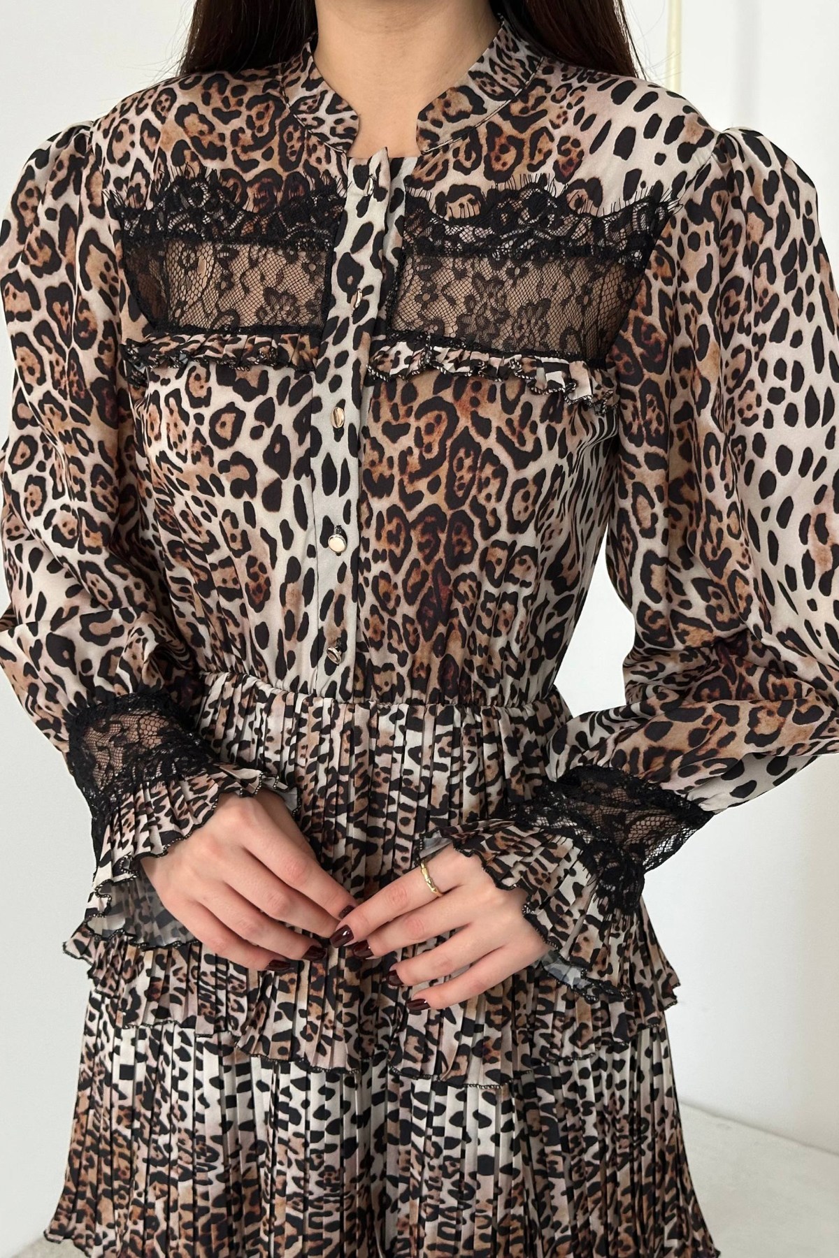 Leopar Pilise Detaylı Lastikli Elbise 4
