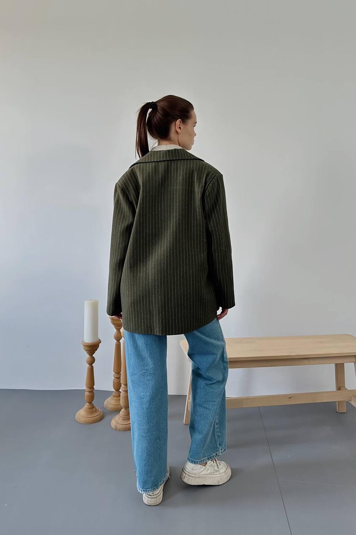 Haki Çizgili Oversize Ceket 5