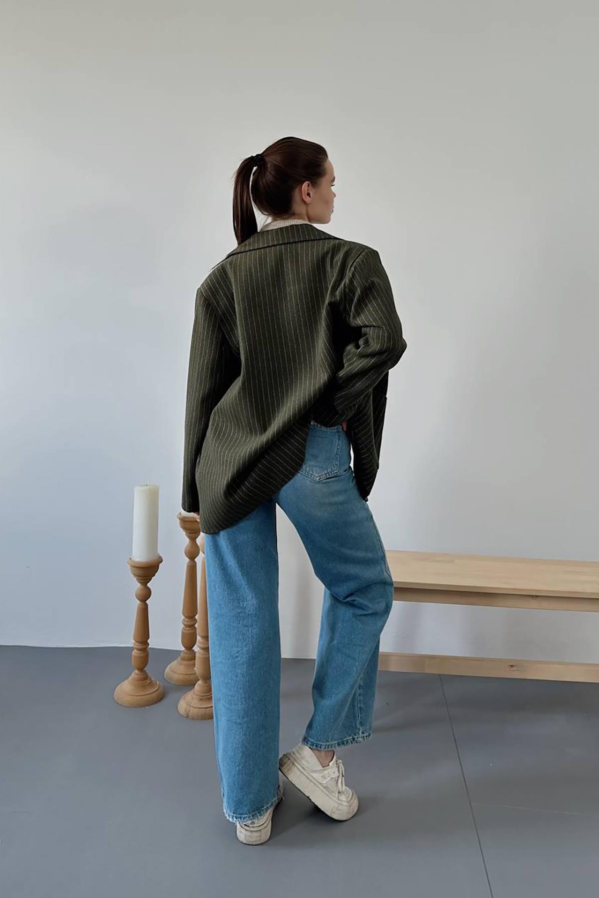 Haki Çizgili Oversize Ceket 6