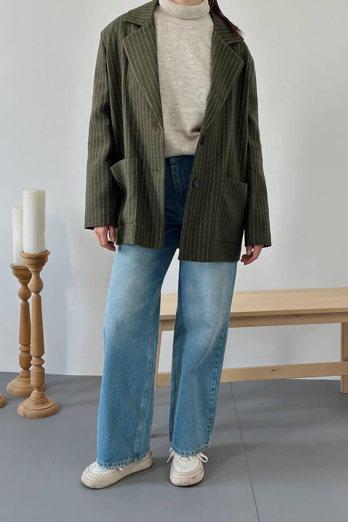 Haki Çizgili Oversize Ceket 4