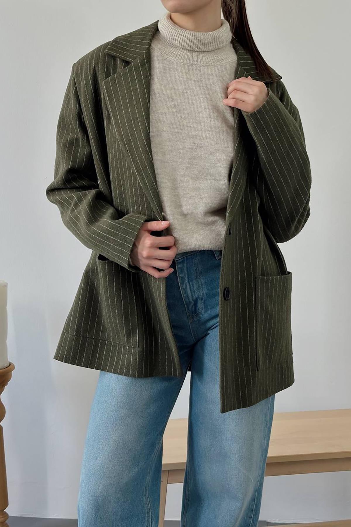 Haki Çizgili Oversize Ceket 3