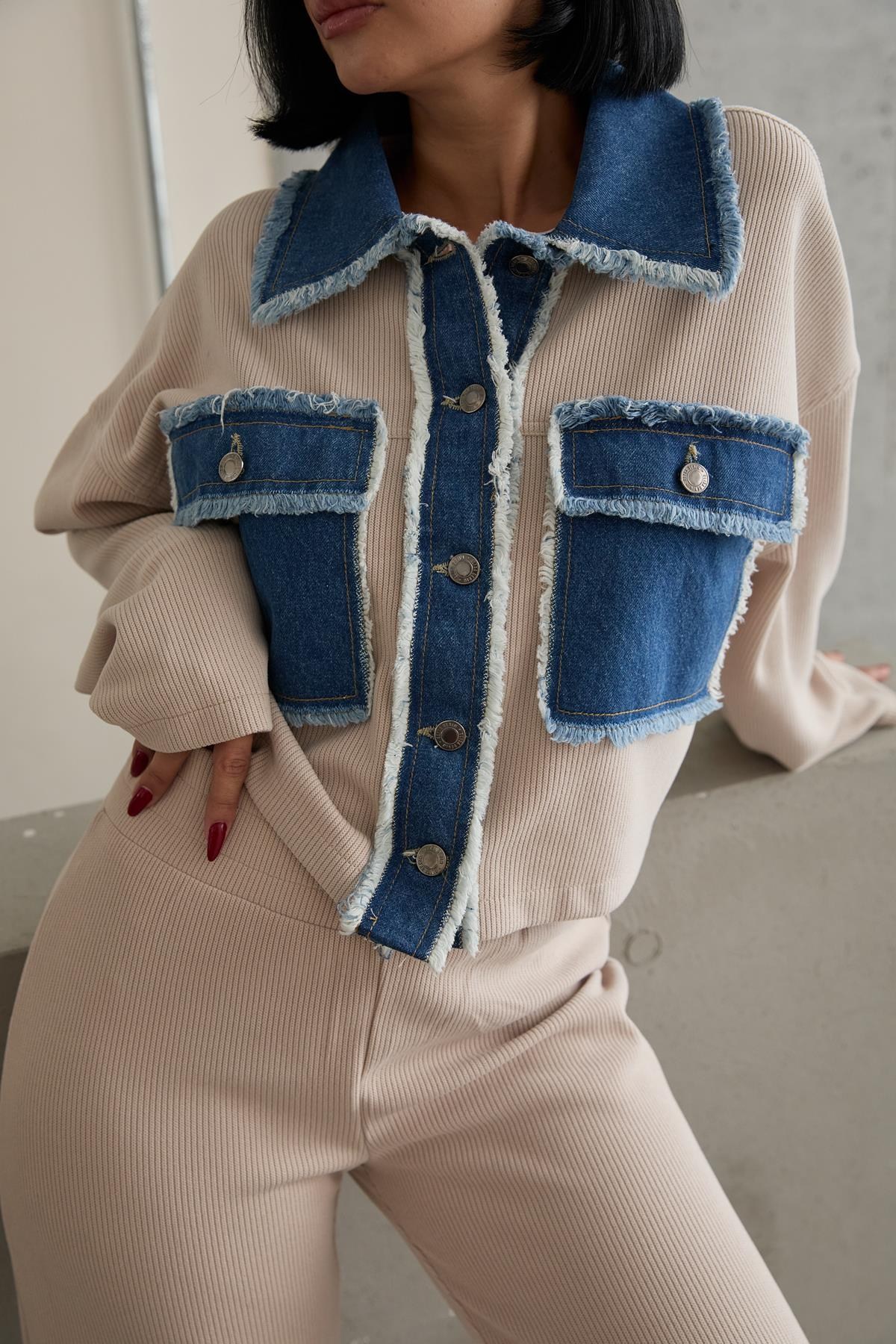 Bej Denim Garnili Gömlek Ve Pantolon Takım 4