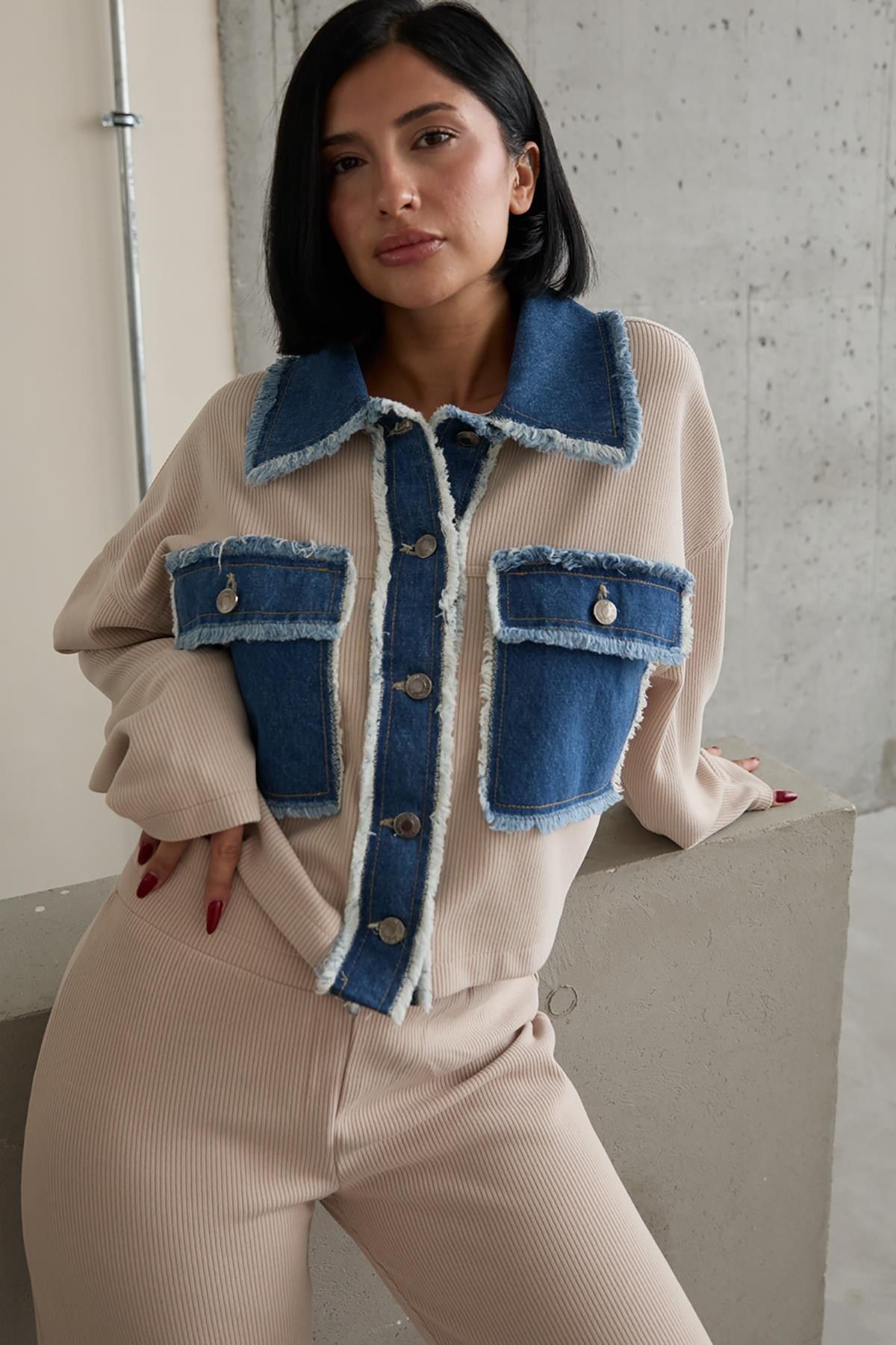 Bej Denim Garnili Gömlek Ve Pantolon Takım 3
