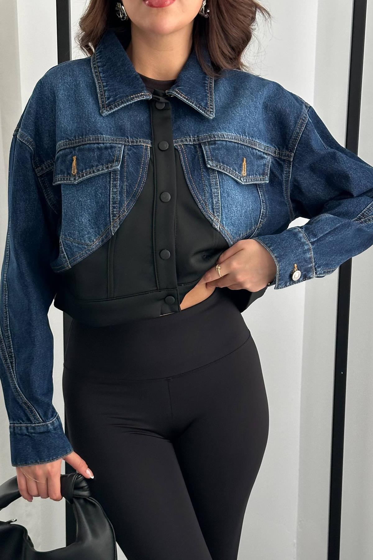 Siyah Denim Scuba Garnili Ceket 4