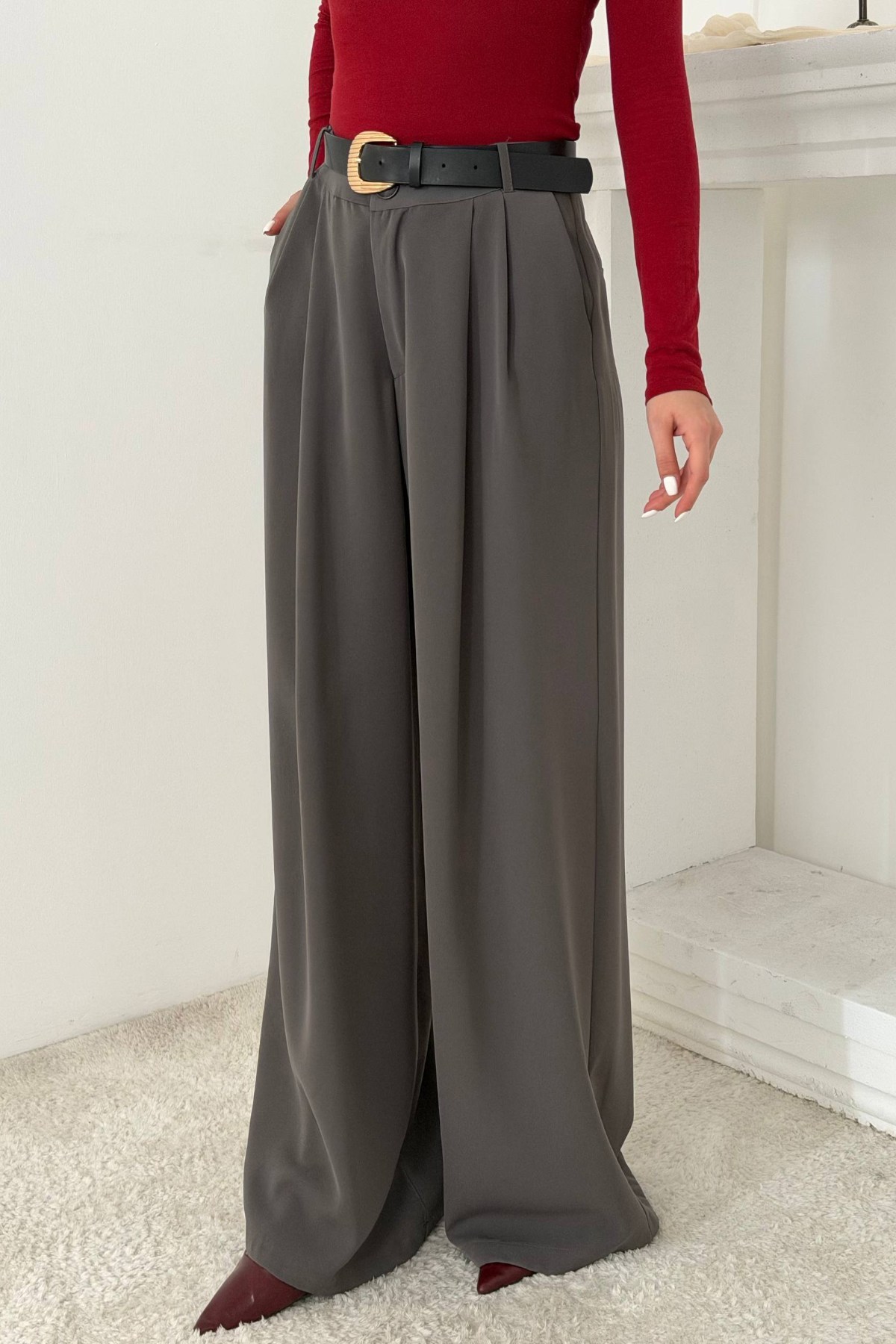 Füme Pileli Comfort Pantolon 3