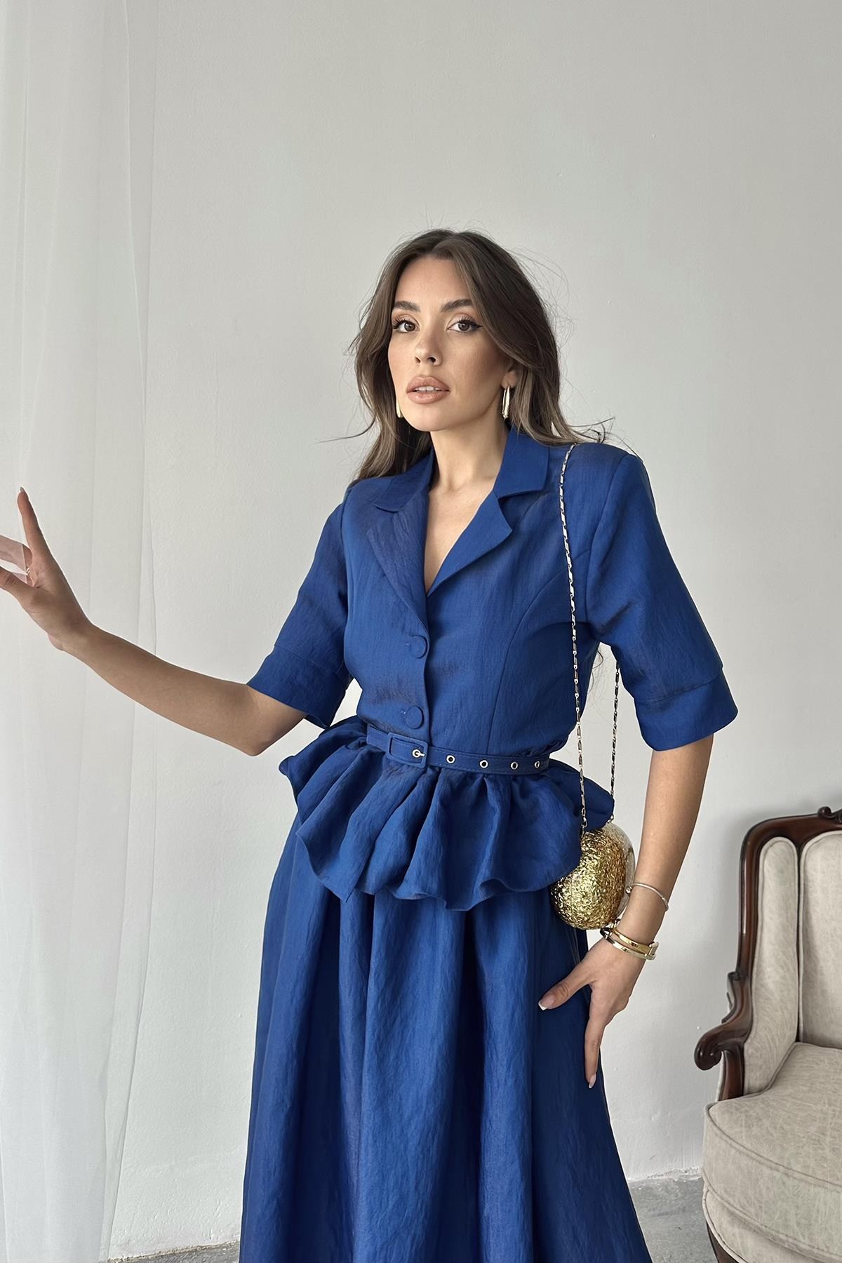 Lacivert İnce Kemerli Fırfırlı Ceket Ve Büzgülü Etek Takım 6
