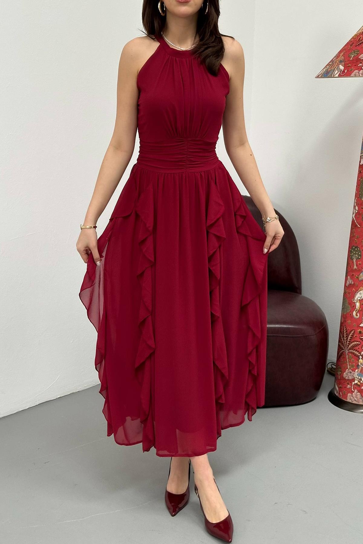 Bordo Önü Büzgülü Fırfırlı Elbise 4