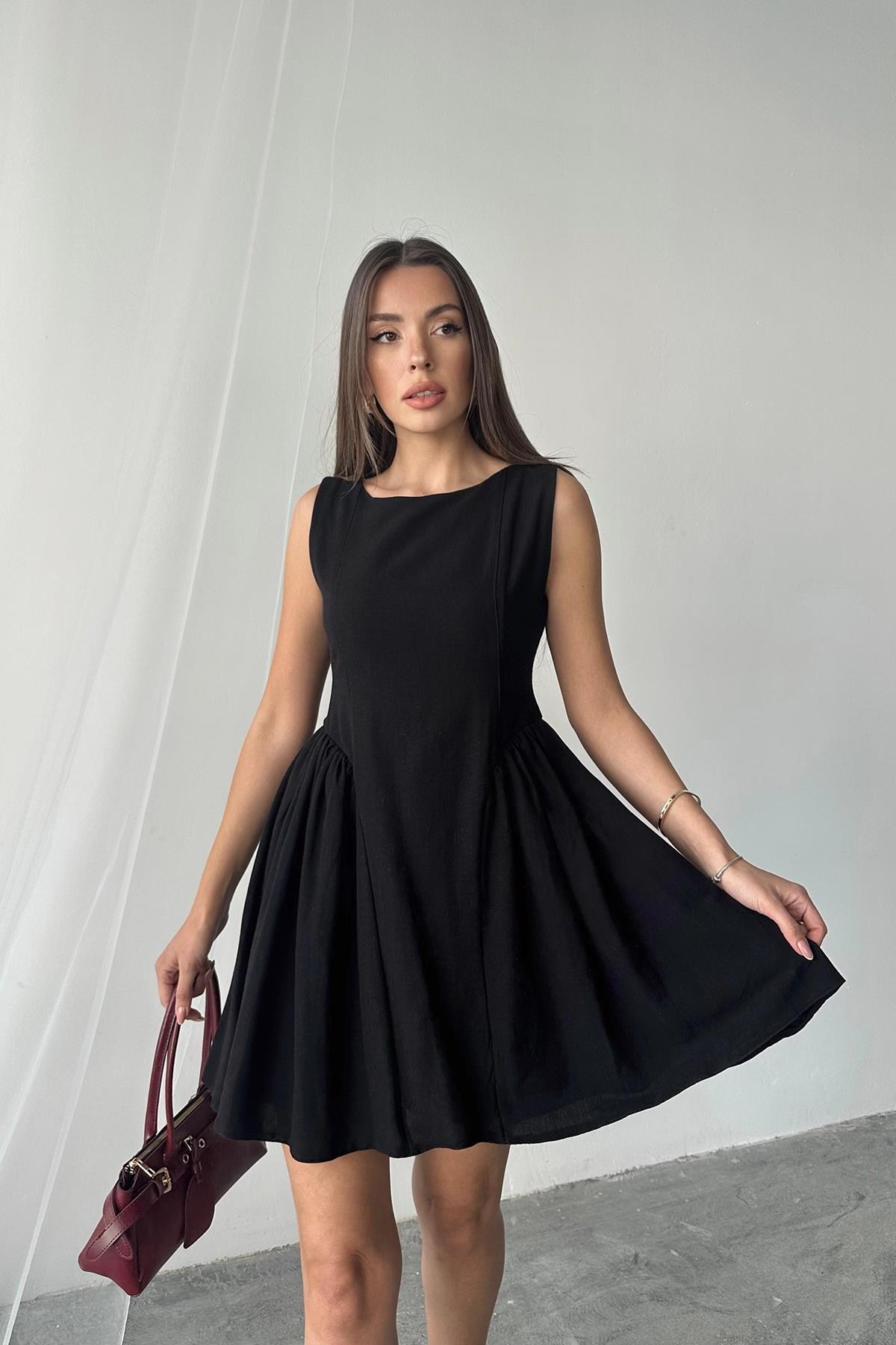 Siyah Mini Boy Büzgülü Keten Elbise 3