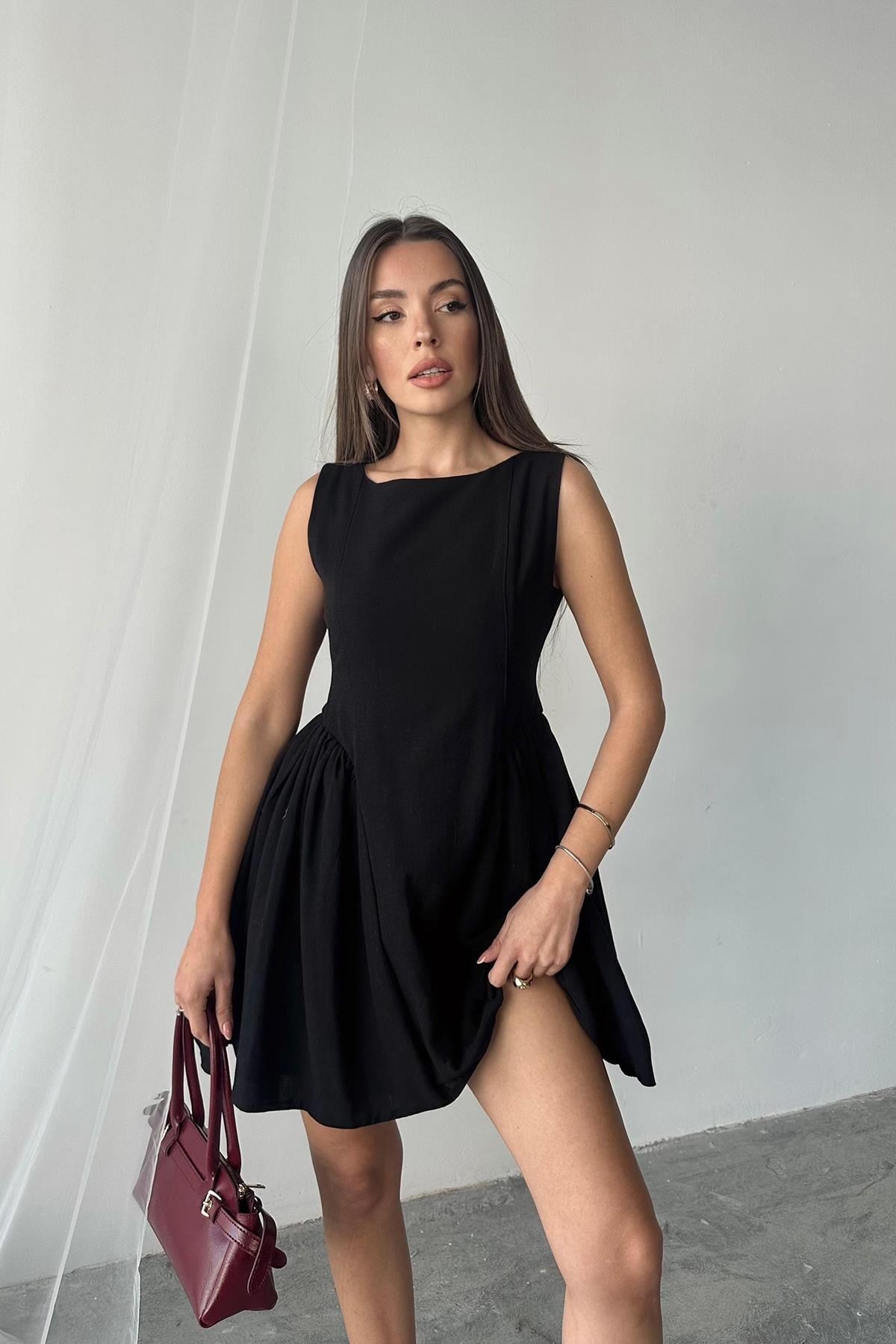 Siyah Mini Boy Büzgülü Keten Elbise 4