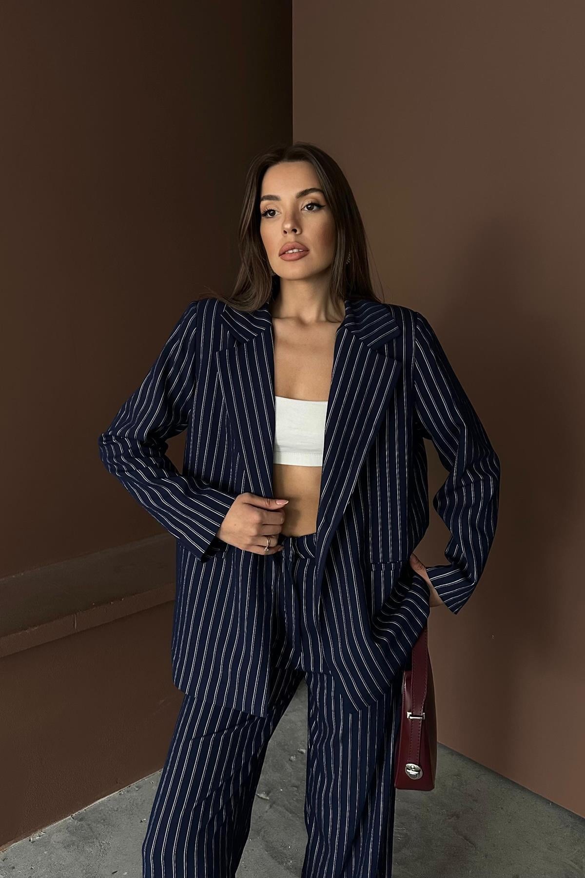 Lacivert Çizgili Ceket Ve Pantolon Takım 4