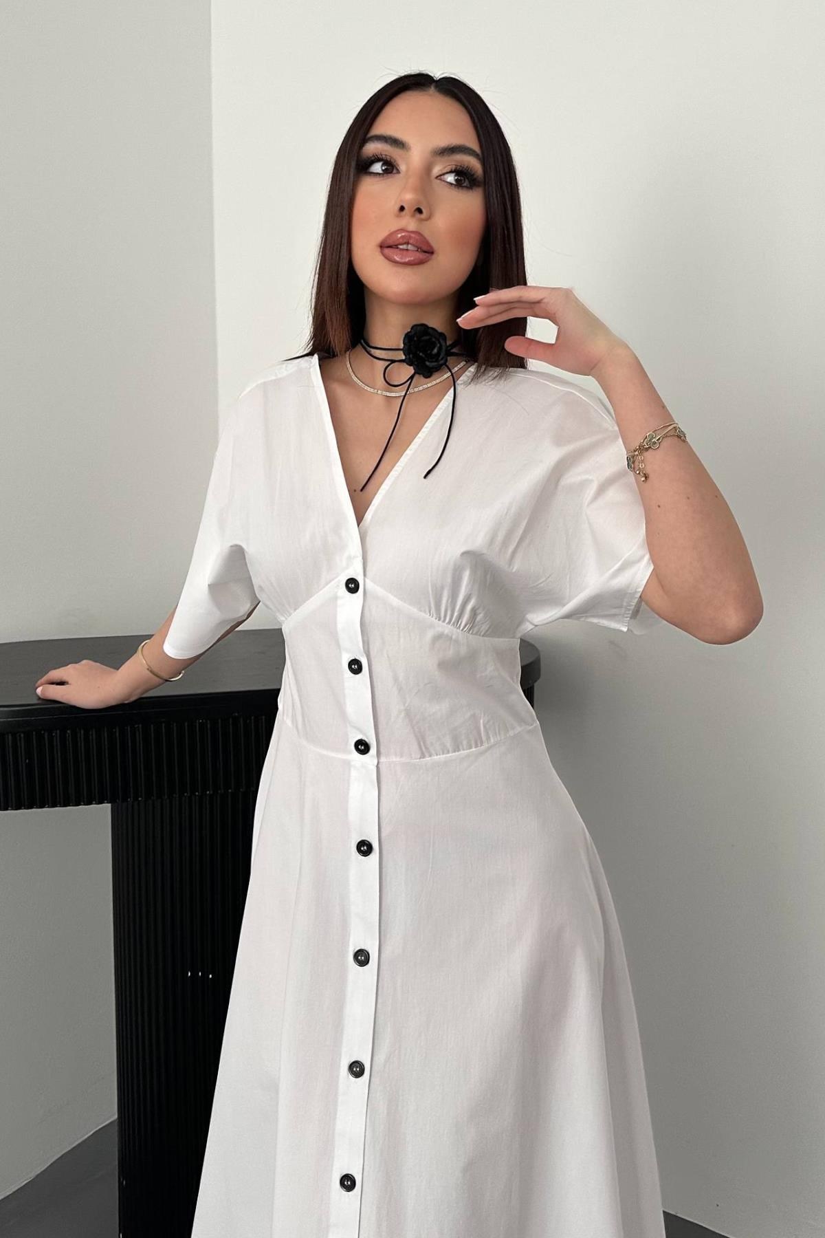 Beyaz Düğmeli Midi Boy Poplin Elbise 3