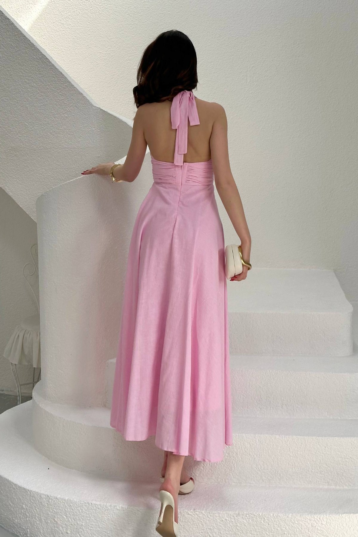 Pembe Askılı Keten Elbise 5