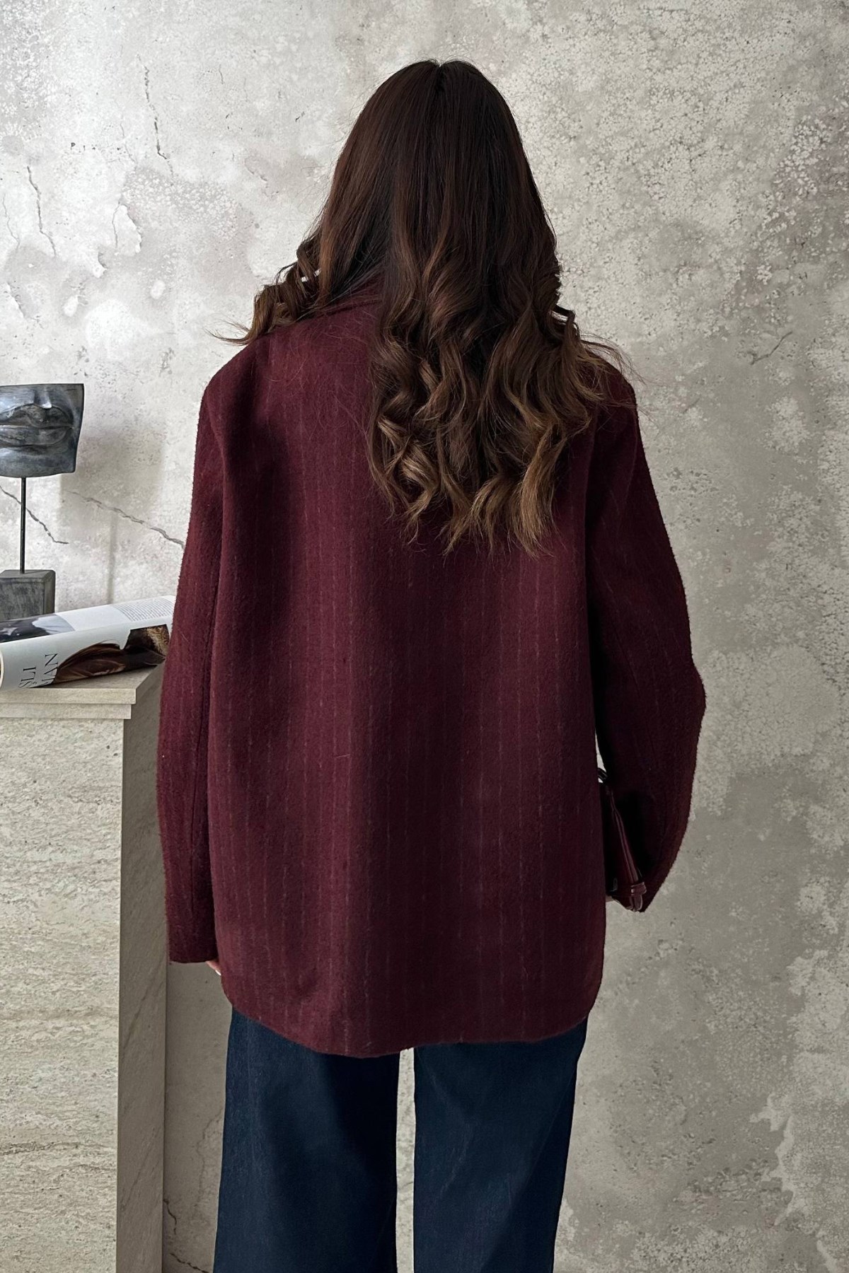 Bordo Çizgili Yün Ceket 5