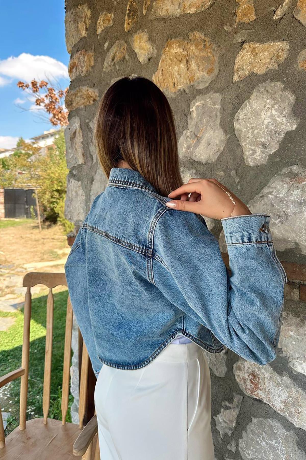 Mavi Korse Detaylı Kot Ceket 4