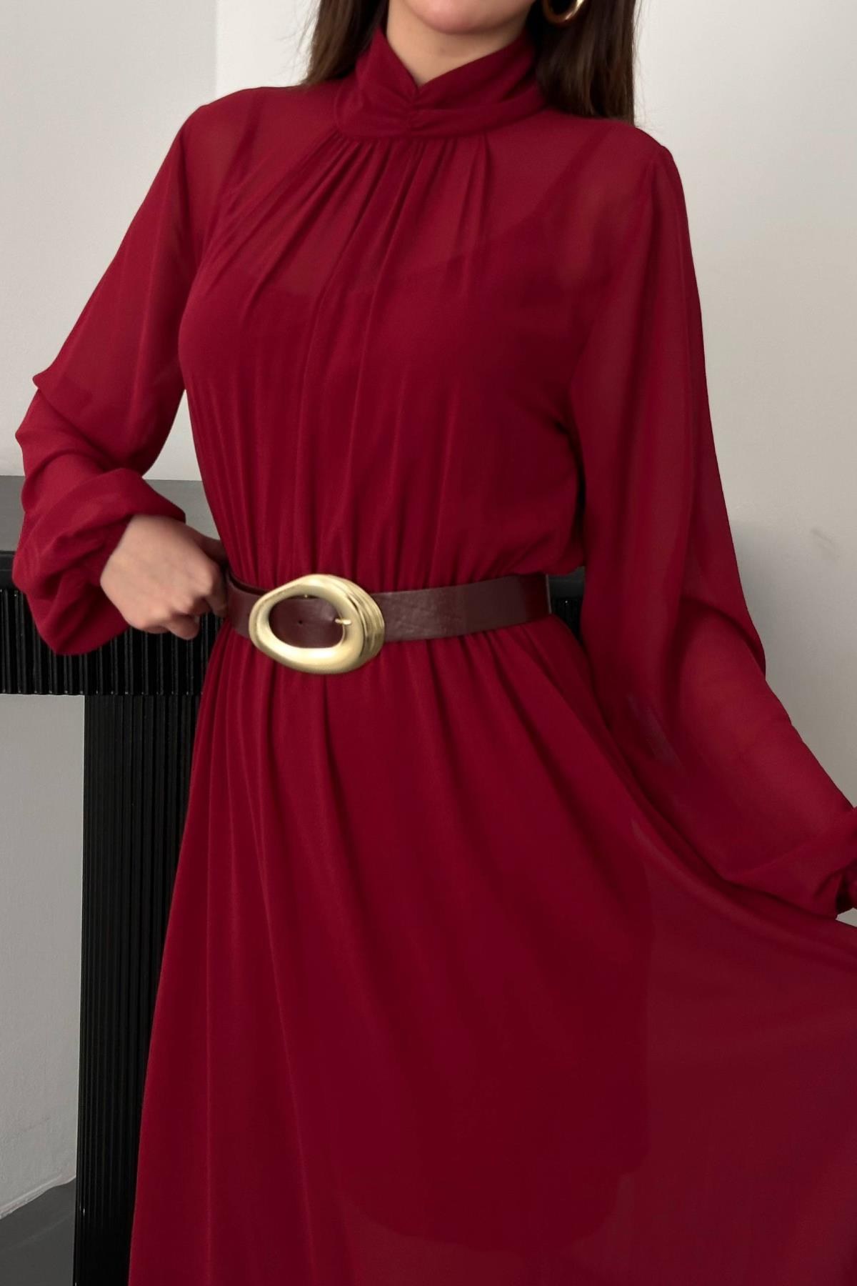 Bordo Eteği Fırfırlı Şifon Elbise 4