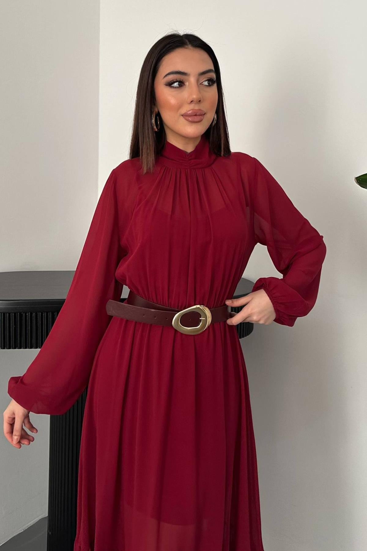 Bordo Eteği Fırfırlı Şifon Elbise 3