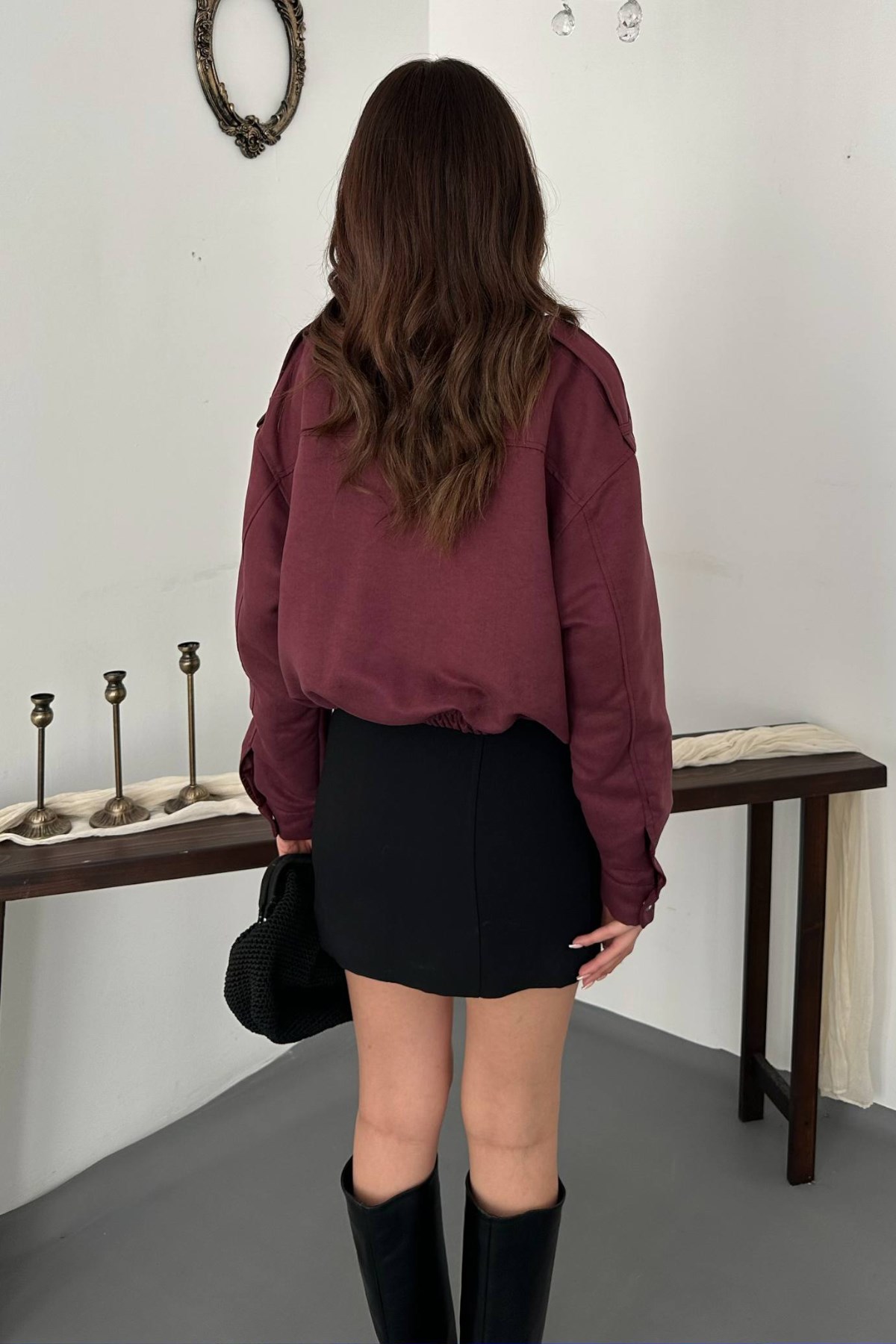 Bordo Dik Yakalı Kısa Ceket 5