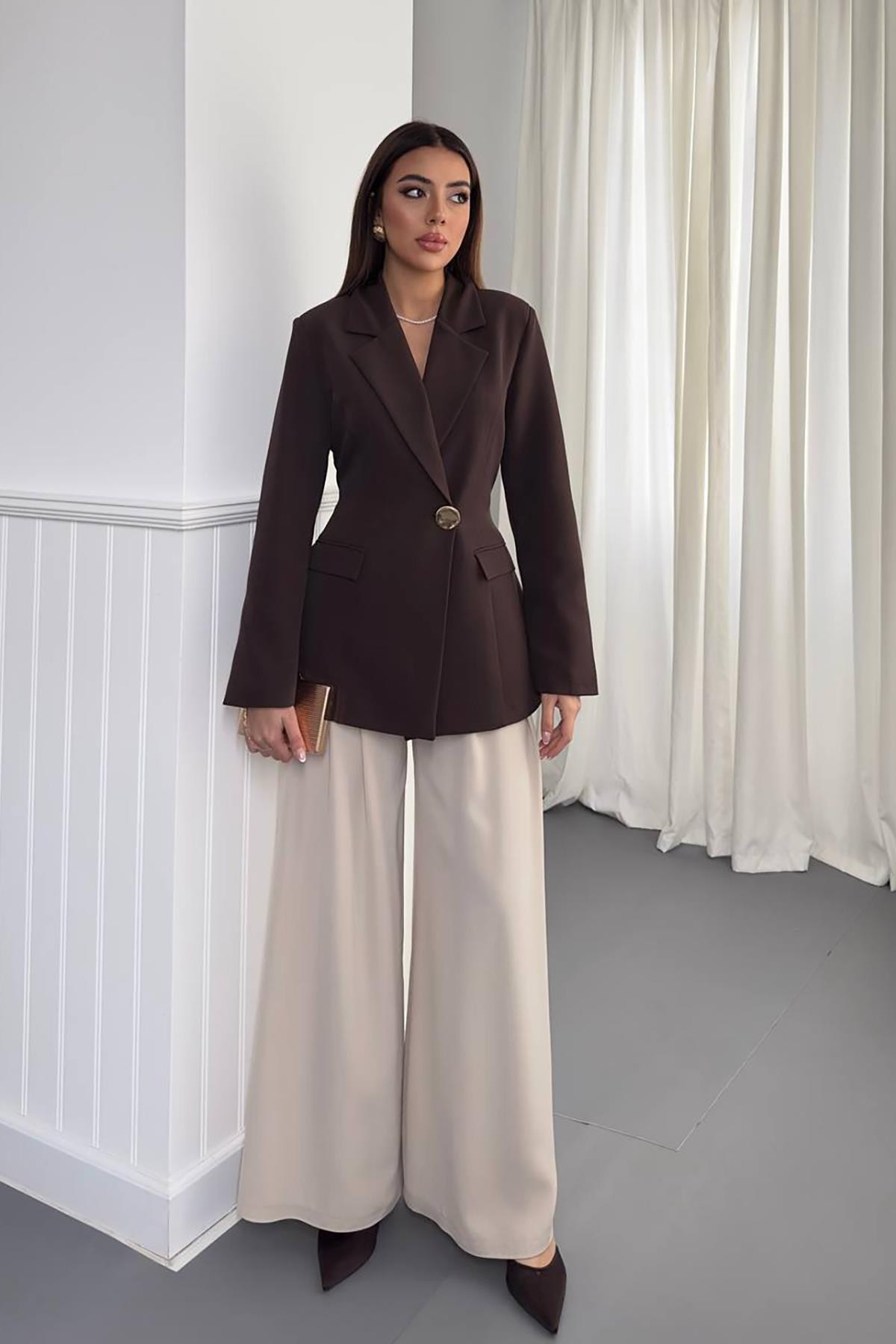 Kahverengi Belden Oturtmalı Blazer Ceket 3