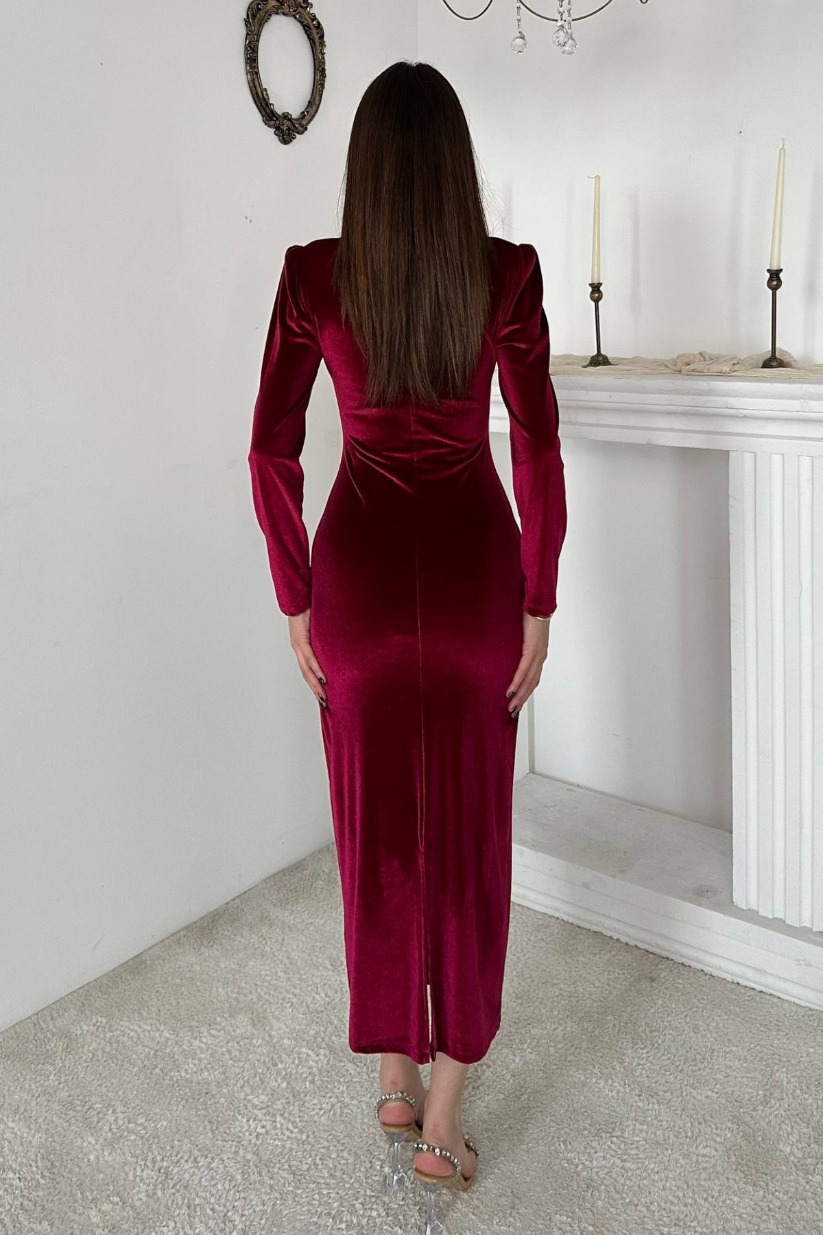 Bordo Kadife Işıltılı Elbise 5