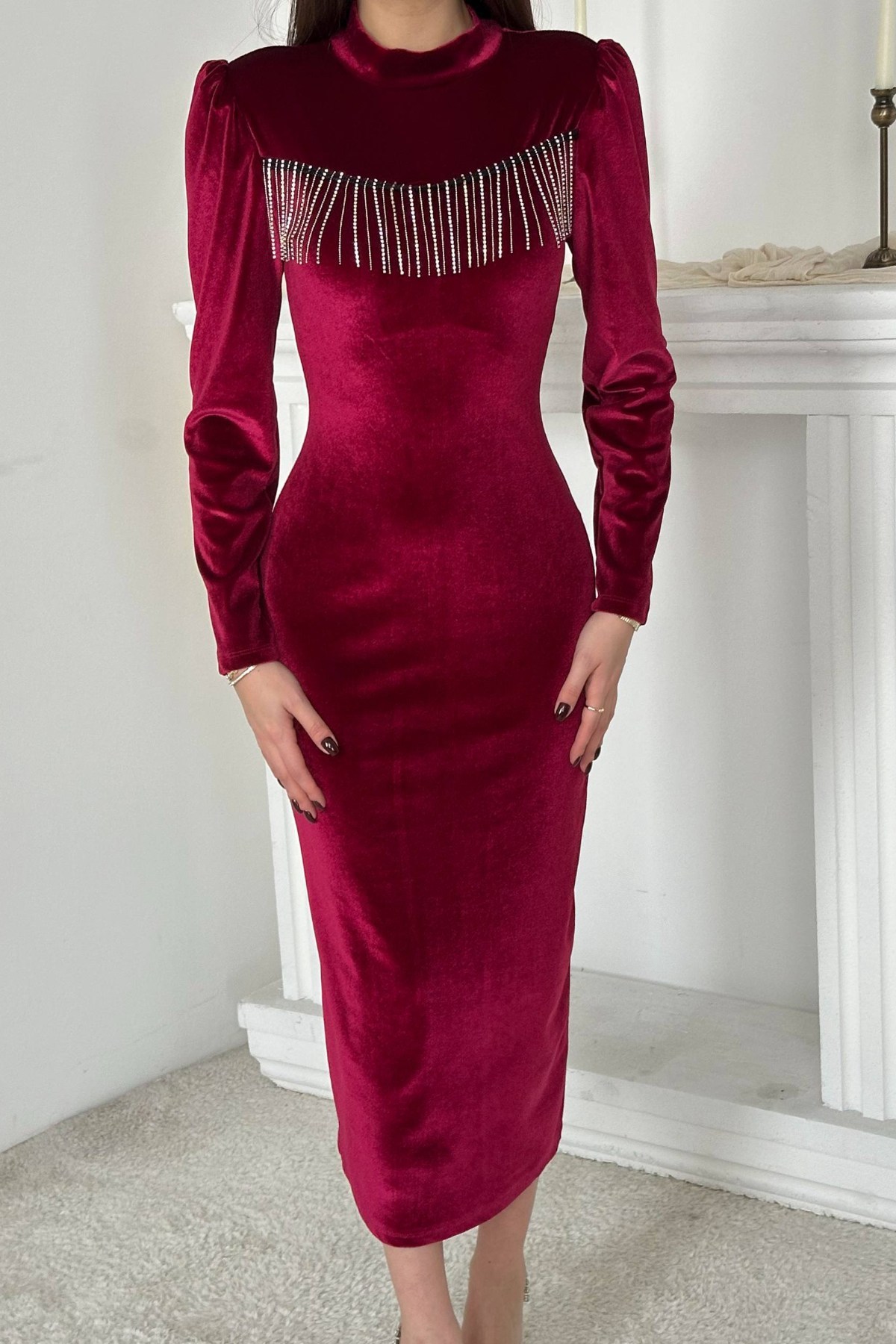 Bordo Kadife Işıltılı Elbise 4