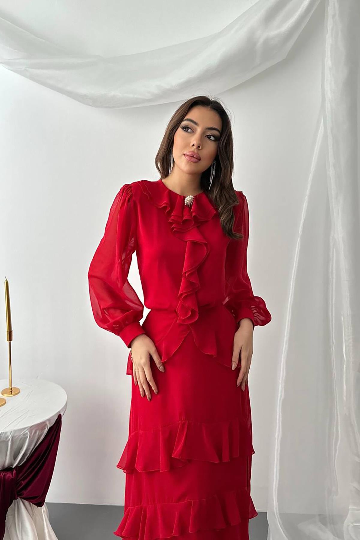 Kırmızı Fırfırlı Şifon Takım 3