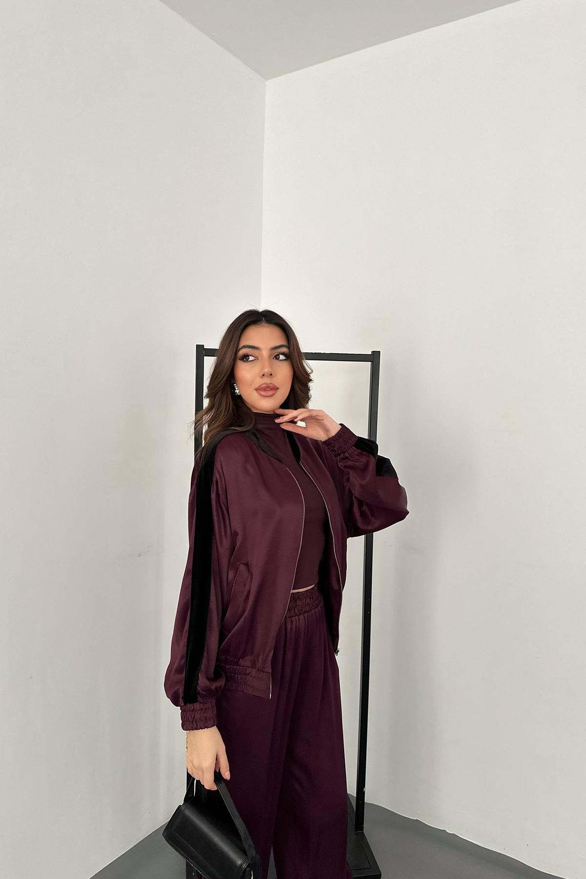 Bordo Kadife Şeritli Saten Eşofman Takımı 3