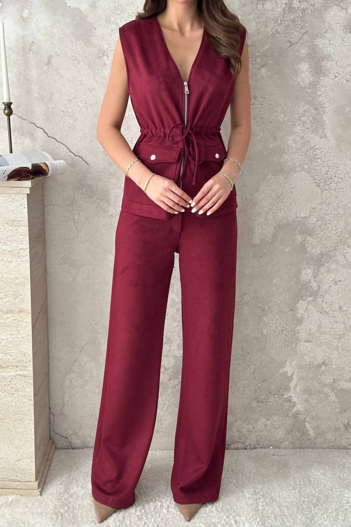Bordo Süet Yelek Pantolon Takım 4