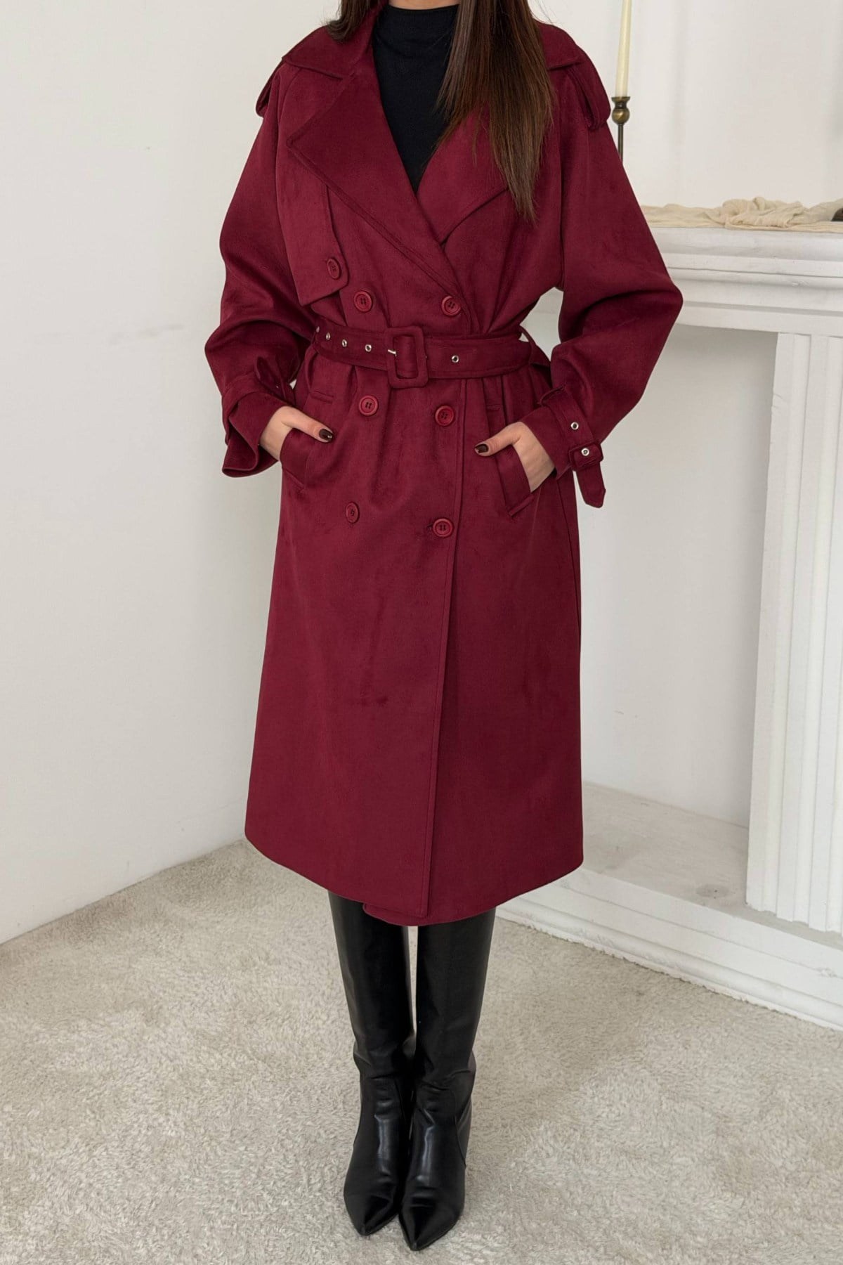 Bordo Reglan Kollu Süet Trençkot 4