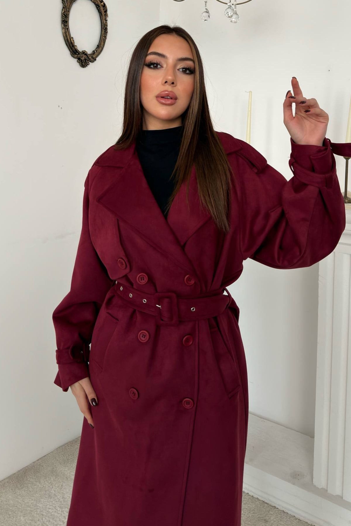Bordo Reglan Kollu Süet Trençkot 3