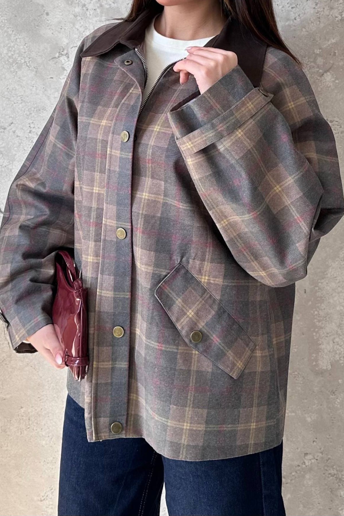 Kahverengi Yakası Garnili Ekose Ceket 4